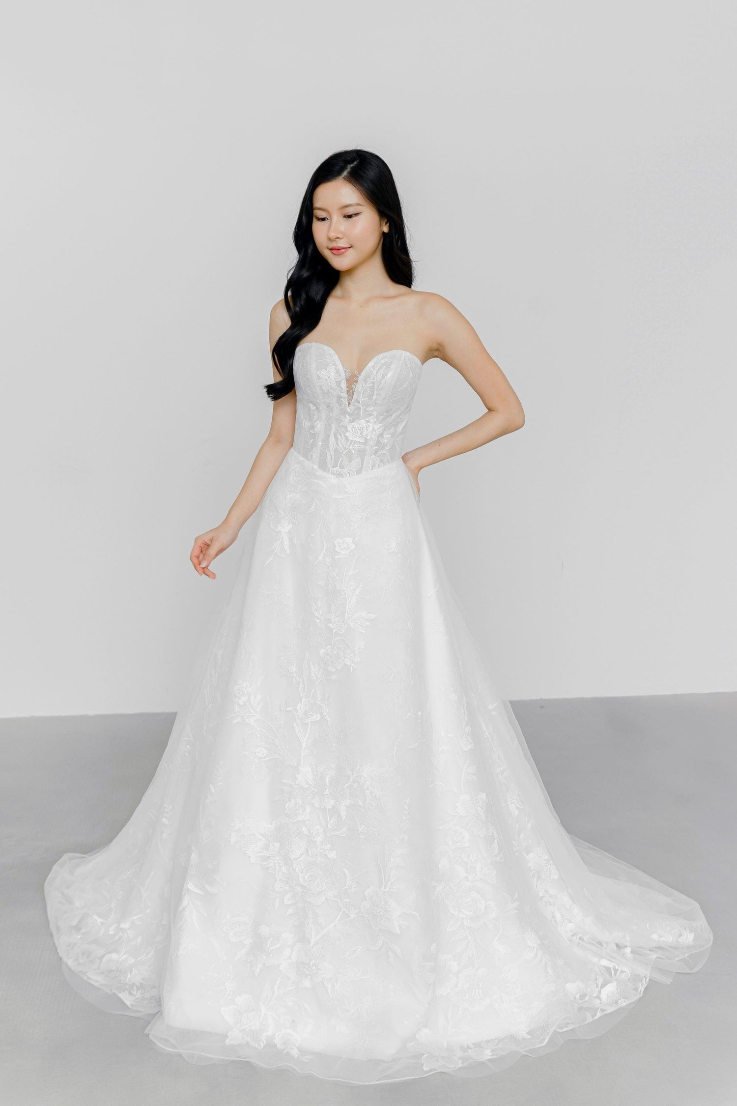 Gabriella bridal gown featuring intricate full lace and a flattering V-waistline