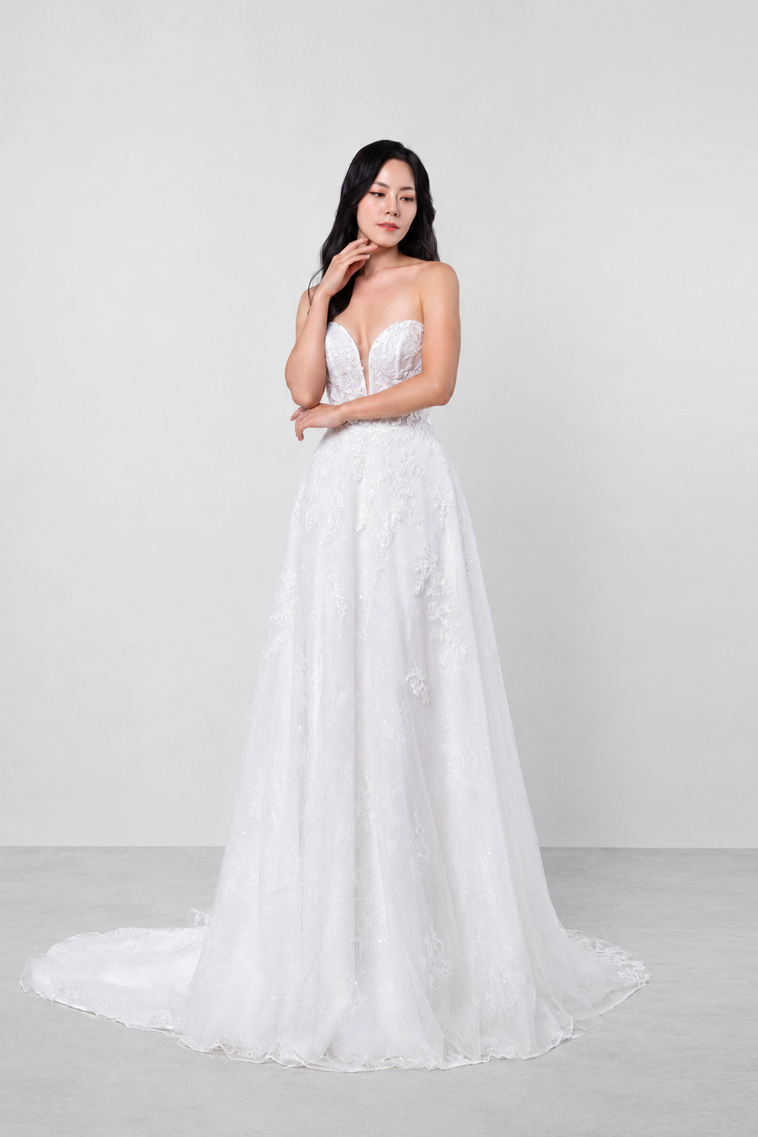 Gracie wedding dress front view with a sweetheart neckline and classic A-line silhouette