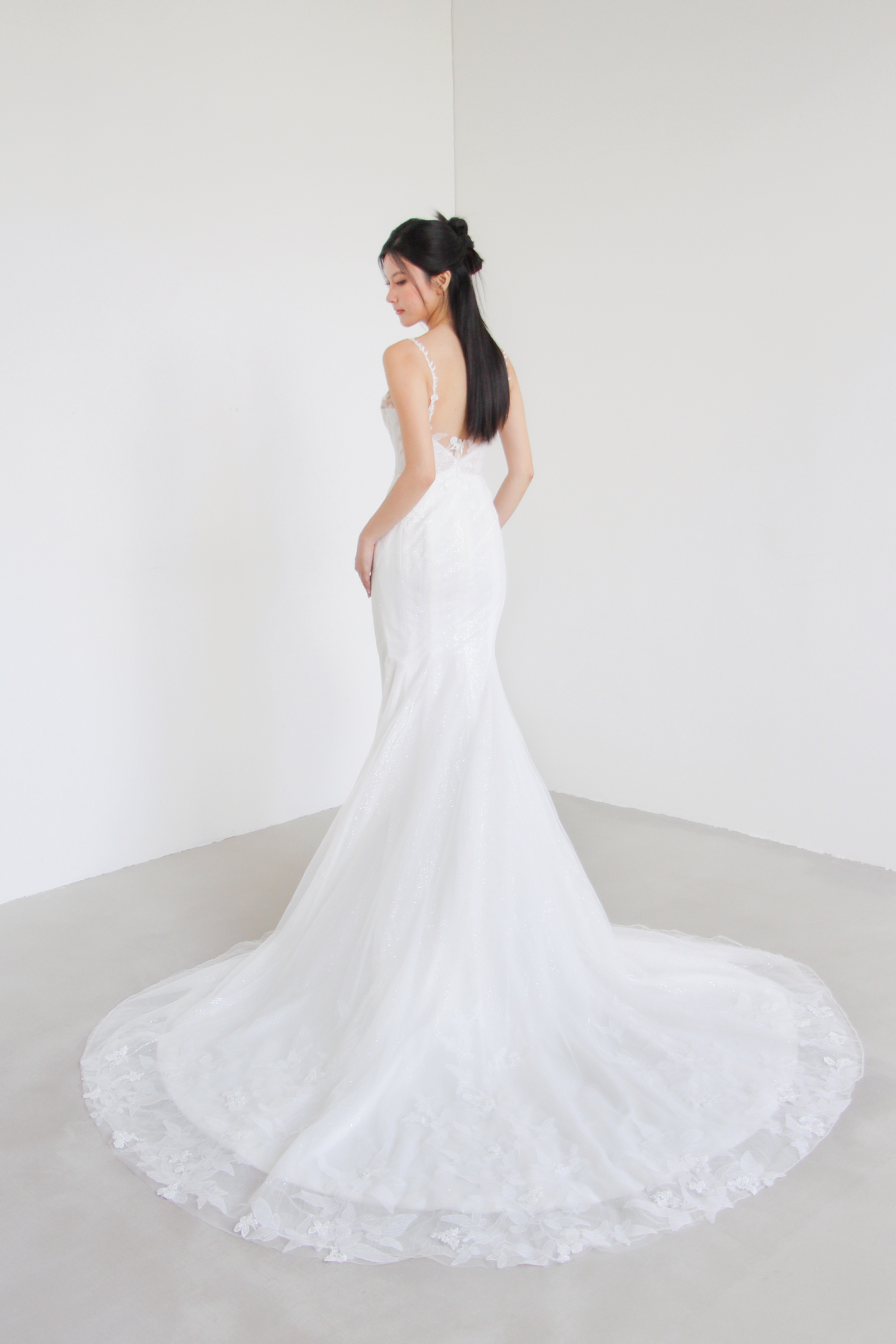 Hallie wedding dress back view with delicate lace detailing