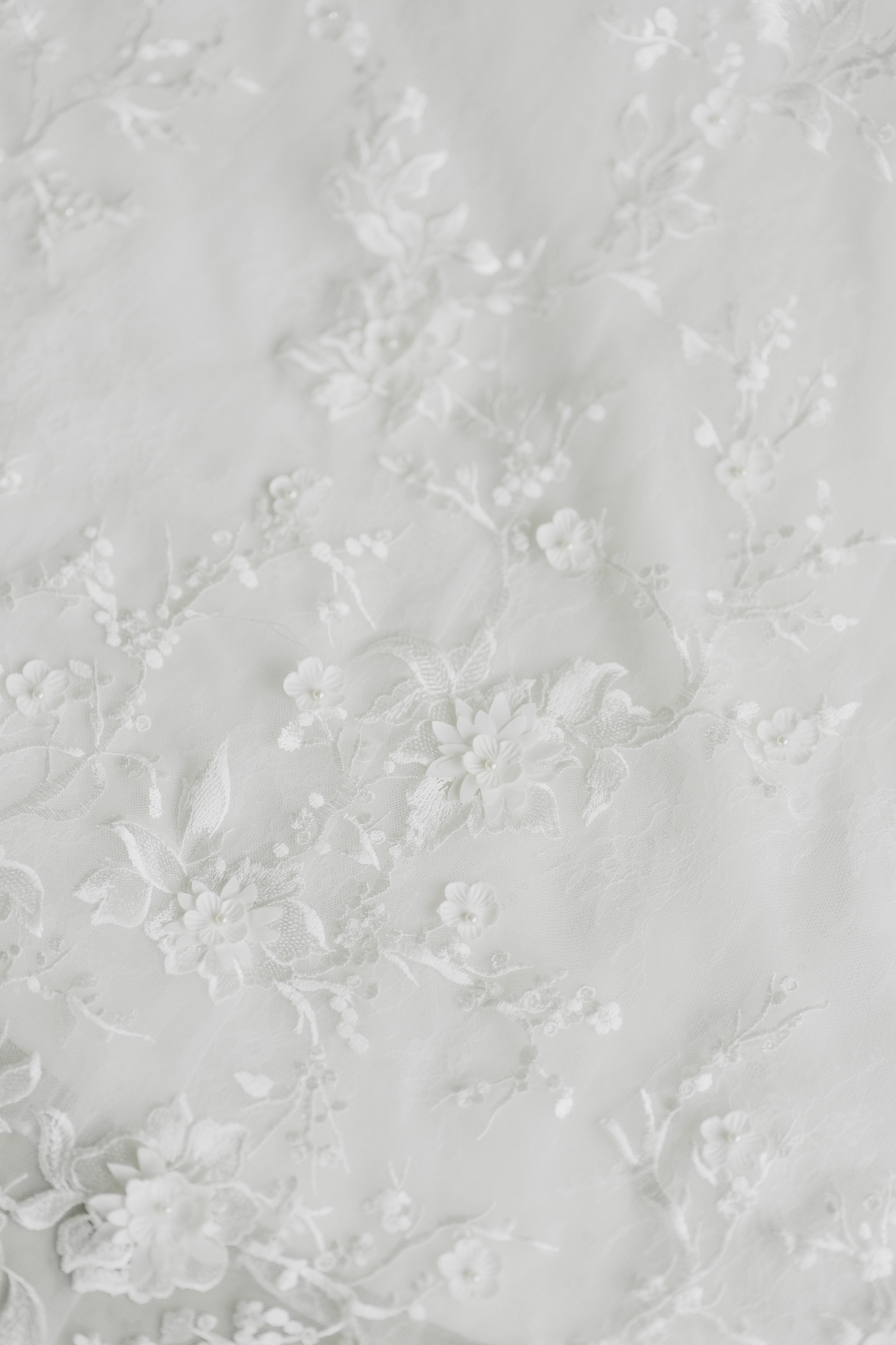 Close-up of Inez bridal gown with floral appliqué and illusion waist cut-outs