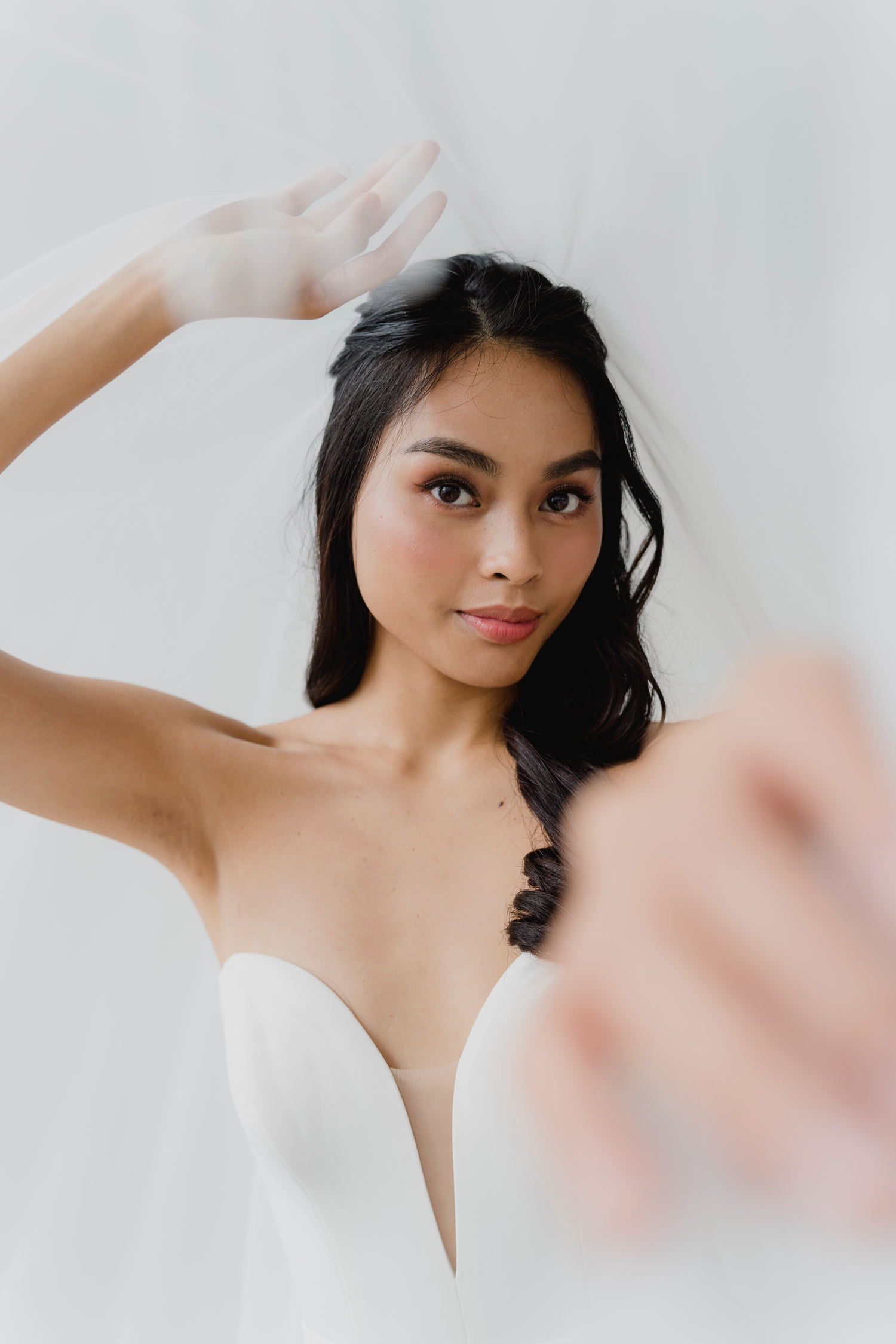Close-up of Janice bridal jumpsuit with structured sweetheart neckline
