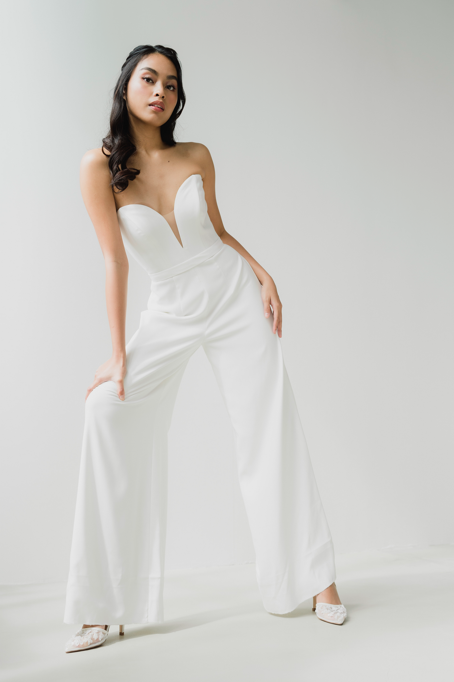 Janice bridal jumpsuit front view with sweetheart neckline
