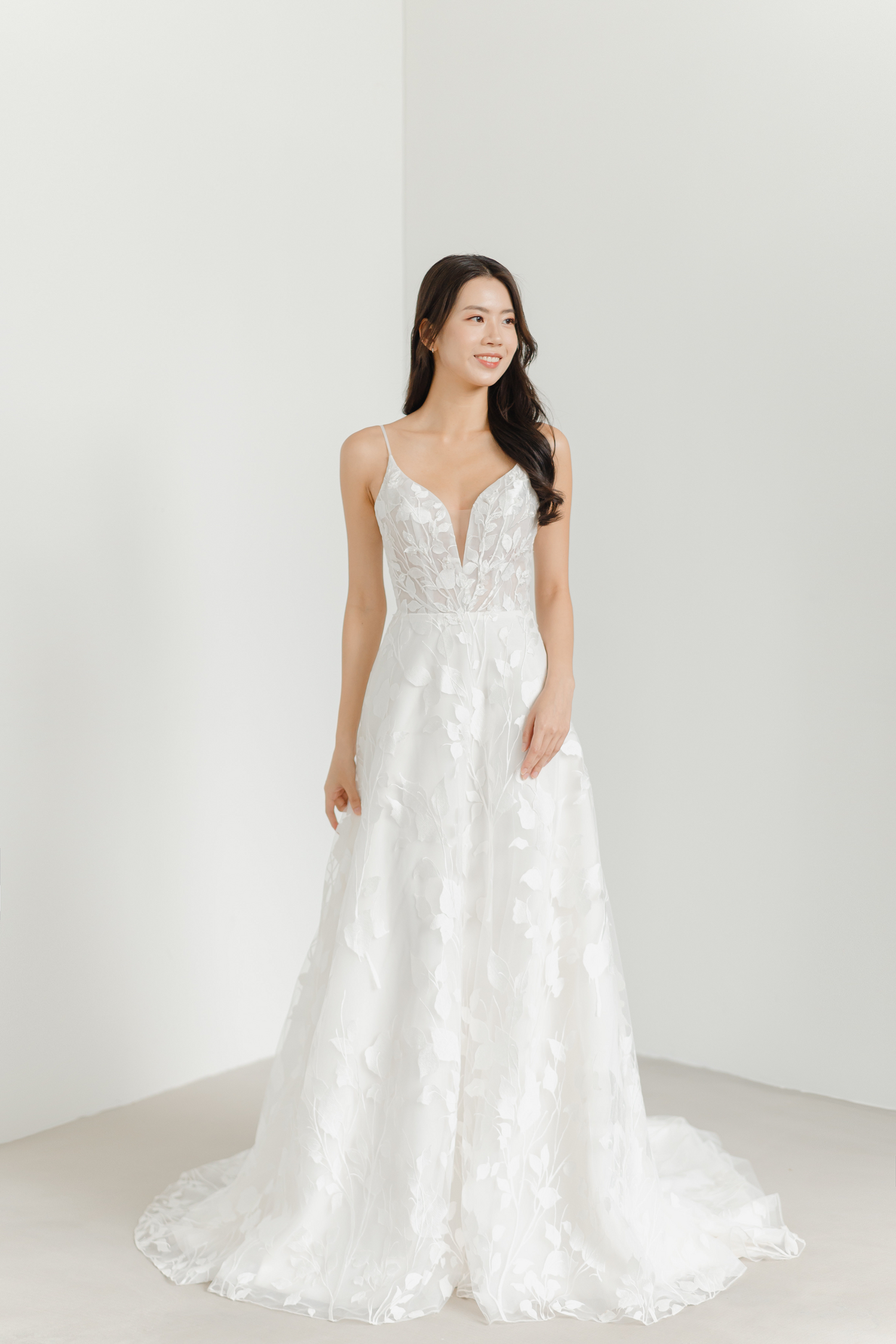 Jayne bridal gown front view with a V-neckline and romantic A-line silhouette