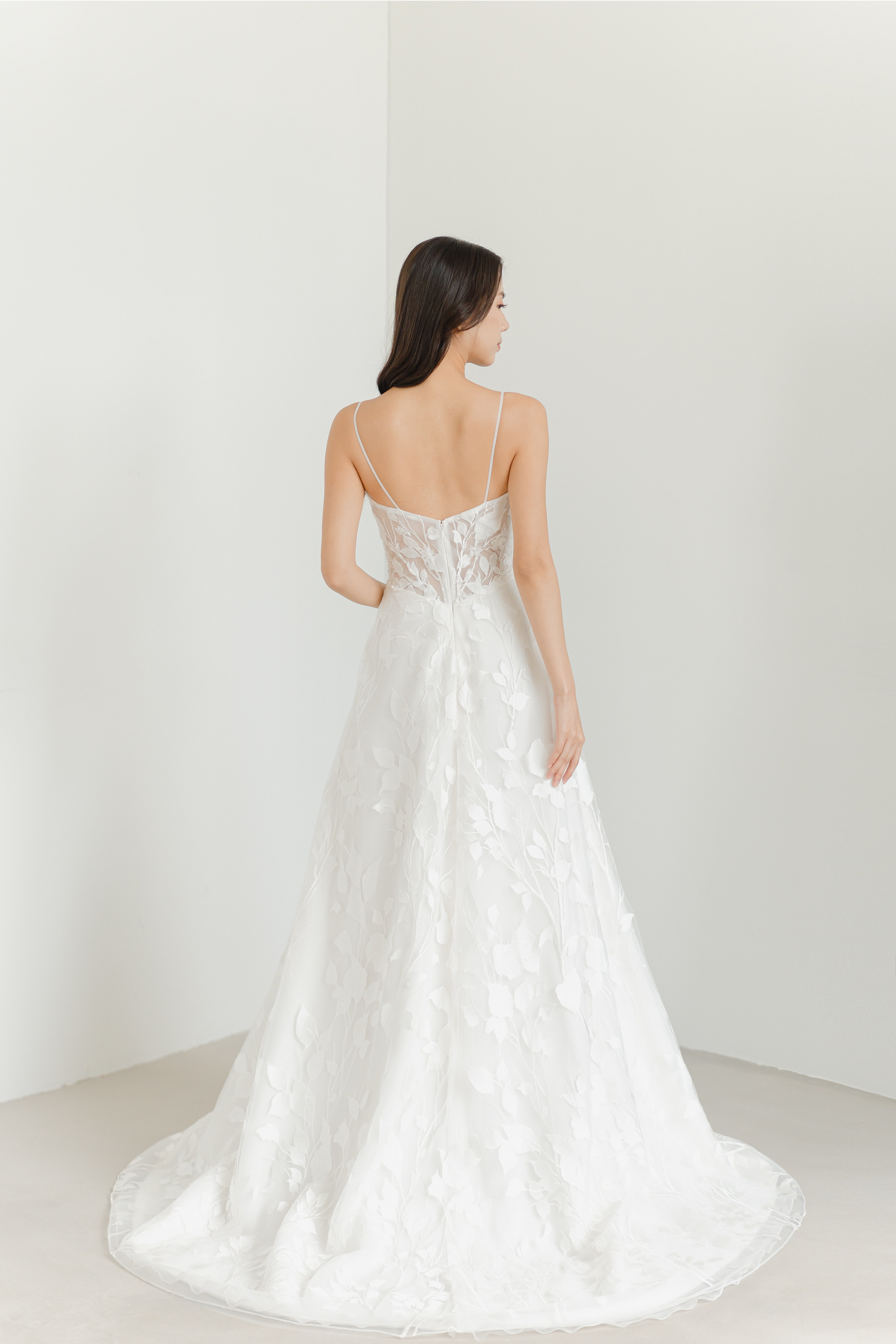 Jayne wedding dress back view with an elegant flowing silhouette