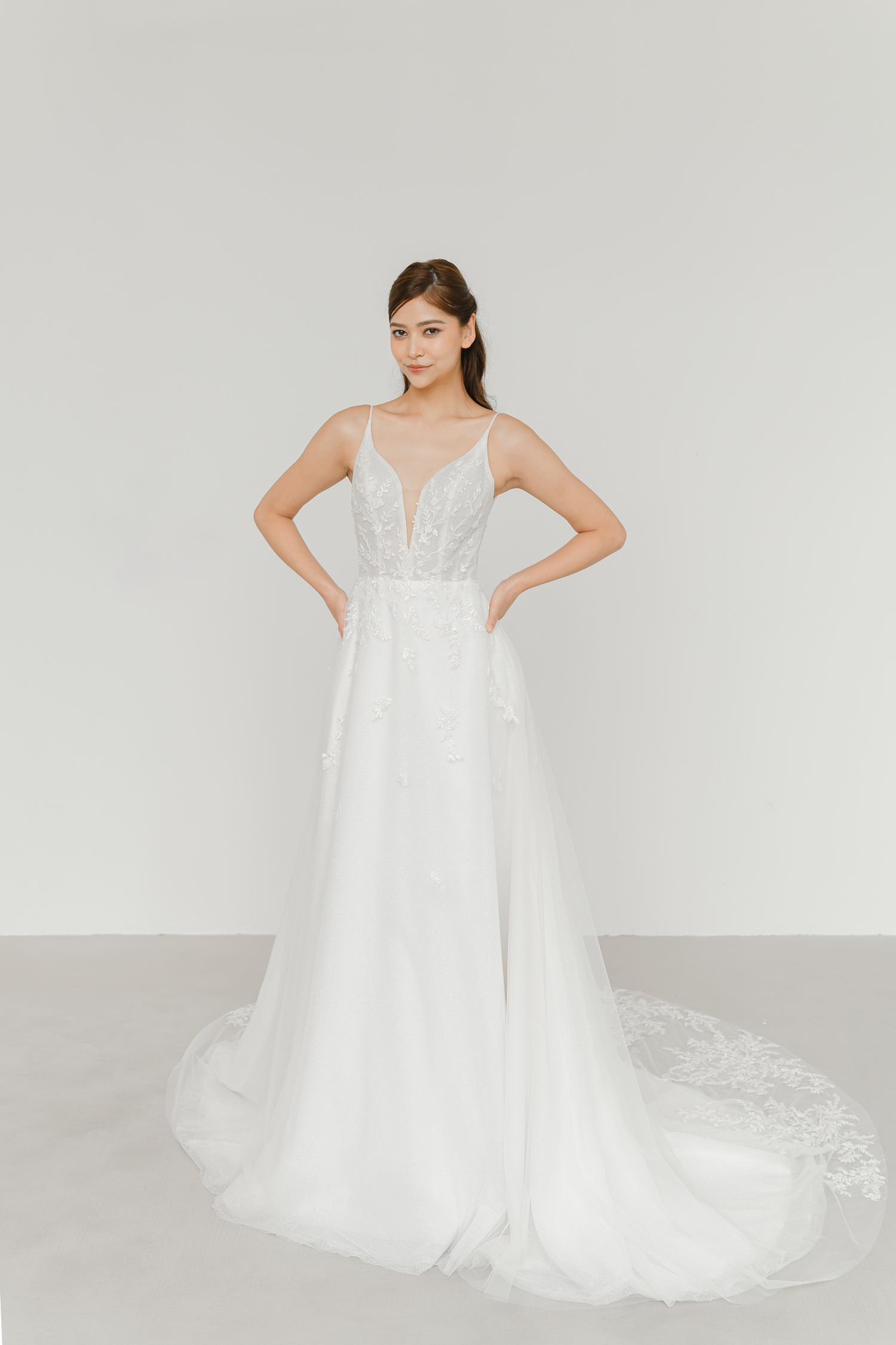 Jorinne wedding gown front view with glitter tulle and sparkling beaded lace