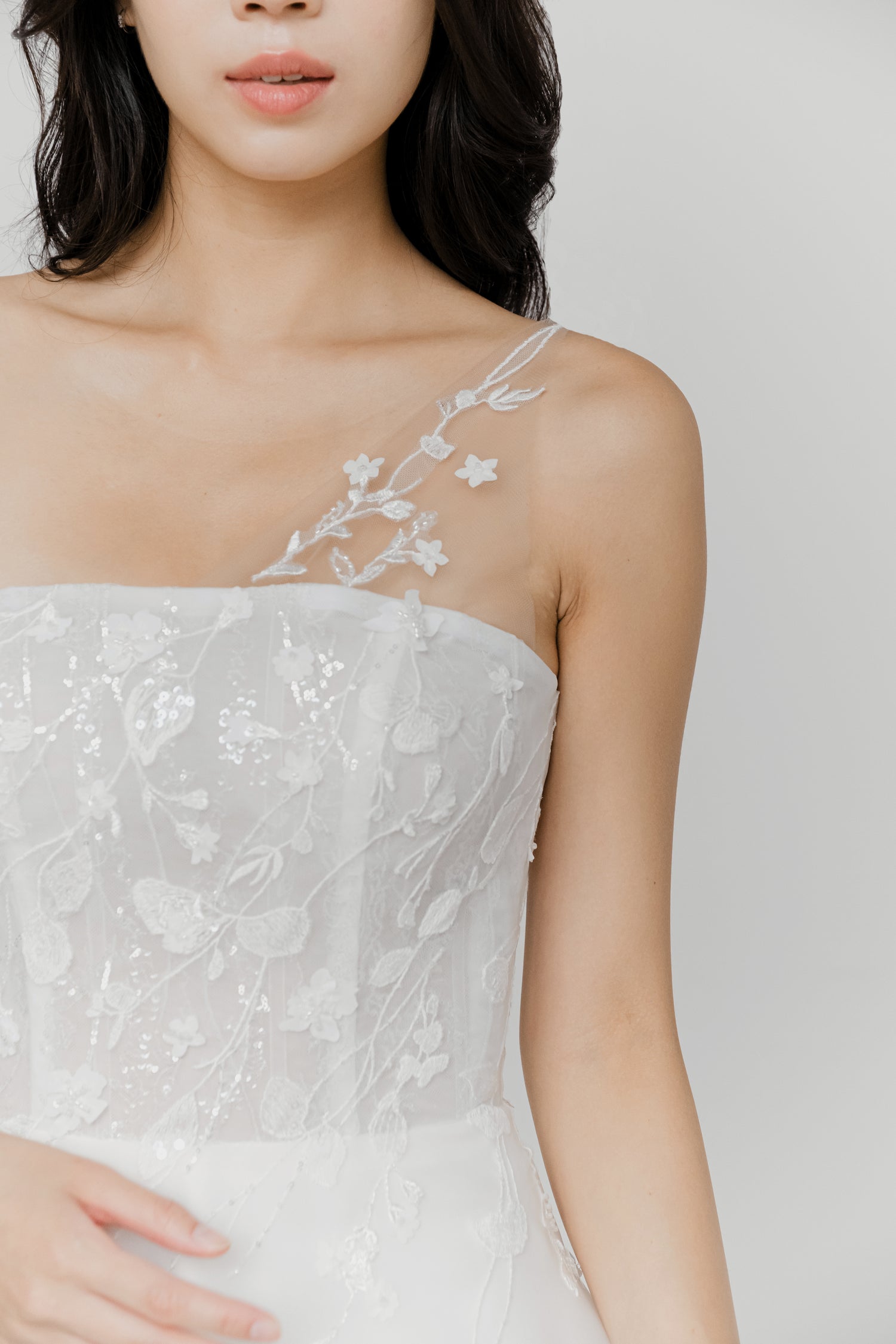 Close-up of Karla wedding dress highlighting the intricate lace bodice