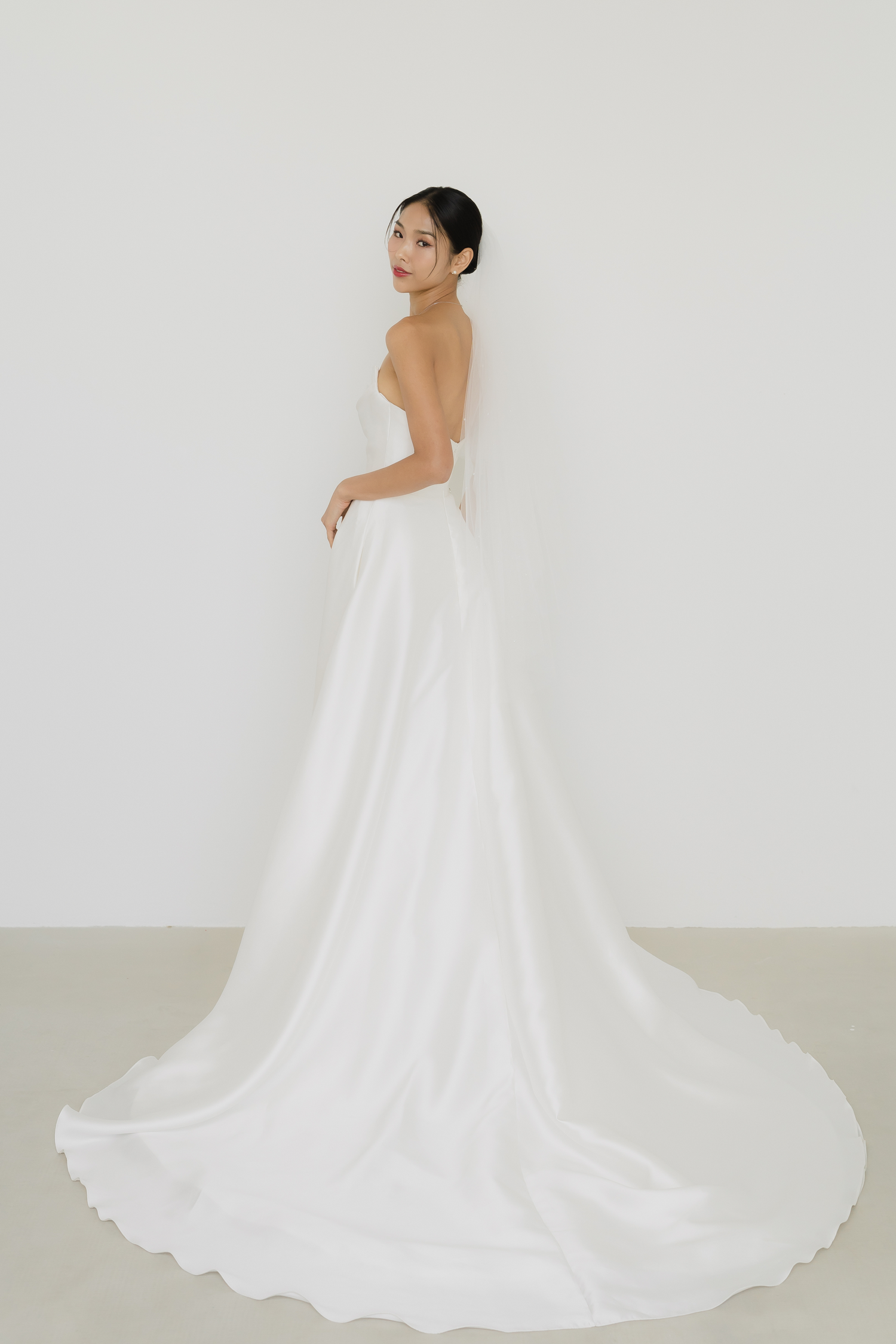 Kendra bridal gown train showcasing the elegant mikado fabric and flowing train