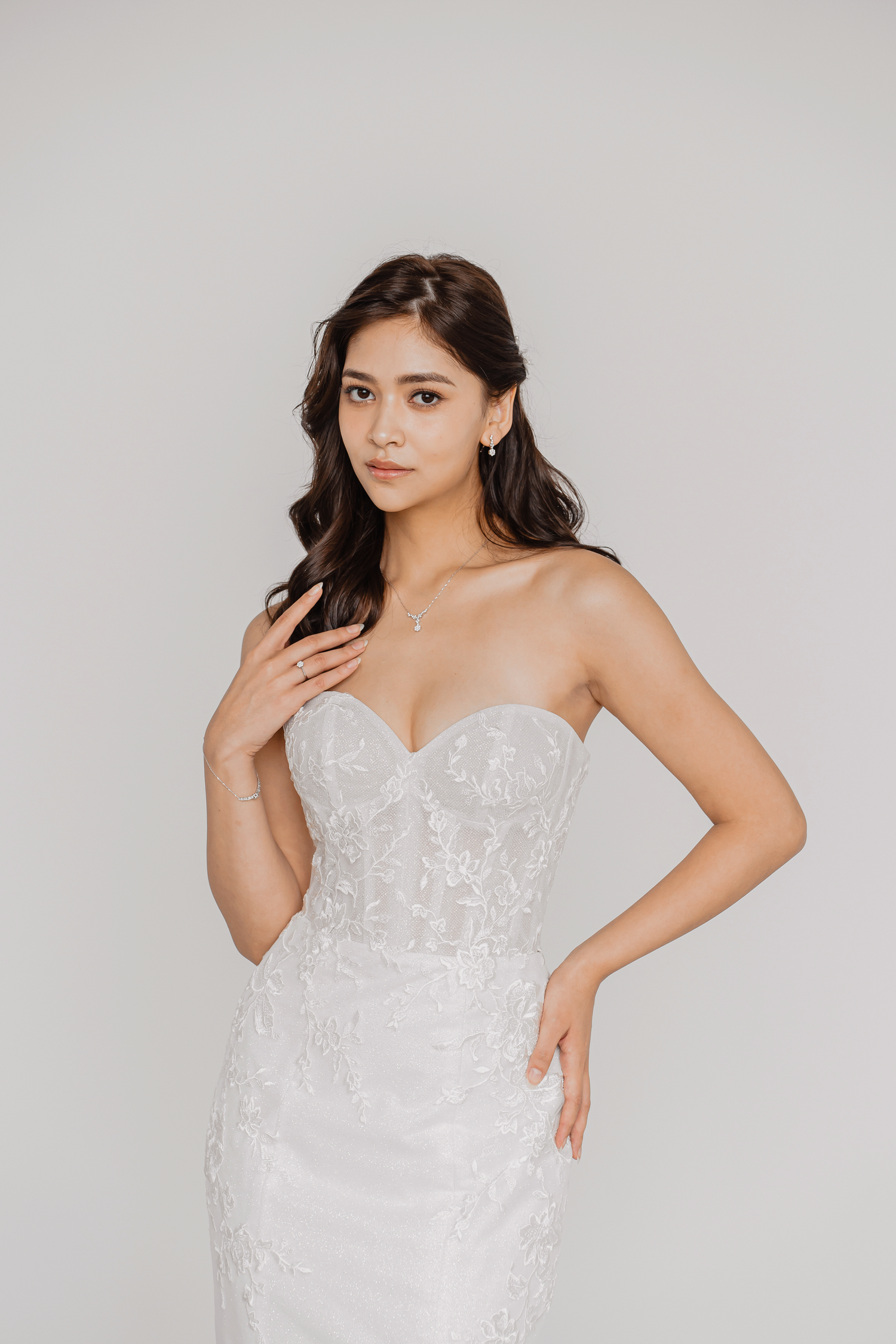 Kezia bridal gown front view with a softly curved sweetheart neckline