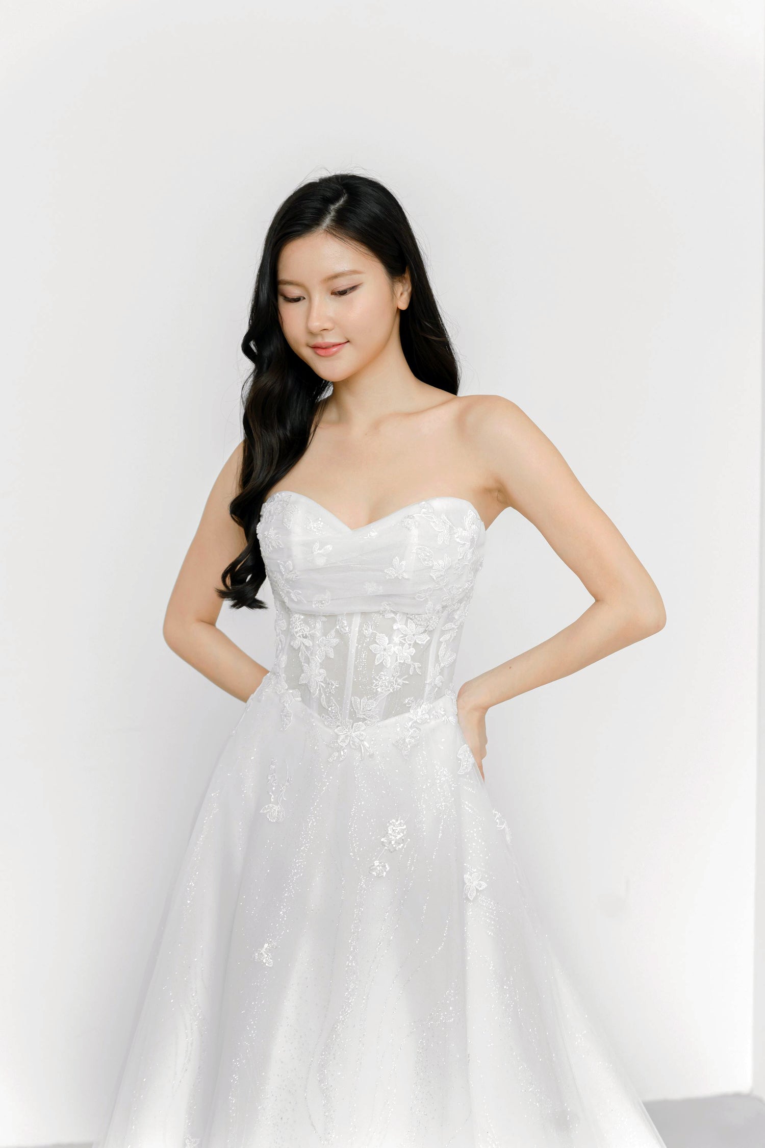 Close-up of Kimber bridal gown showcasing the structured corset boning