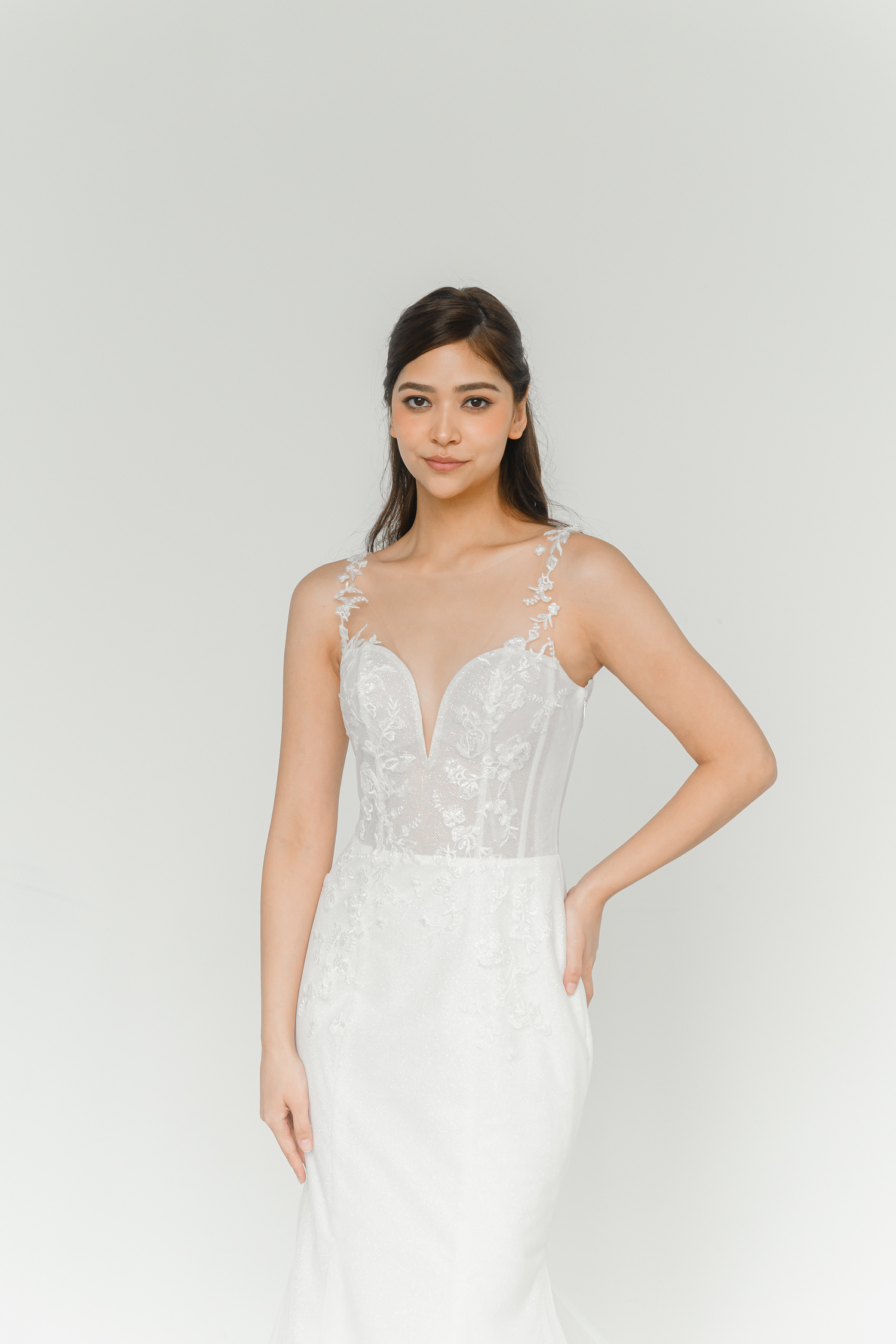 Kinsley wedding dress featuring subtle shimmer and delicate lace detailing