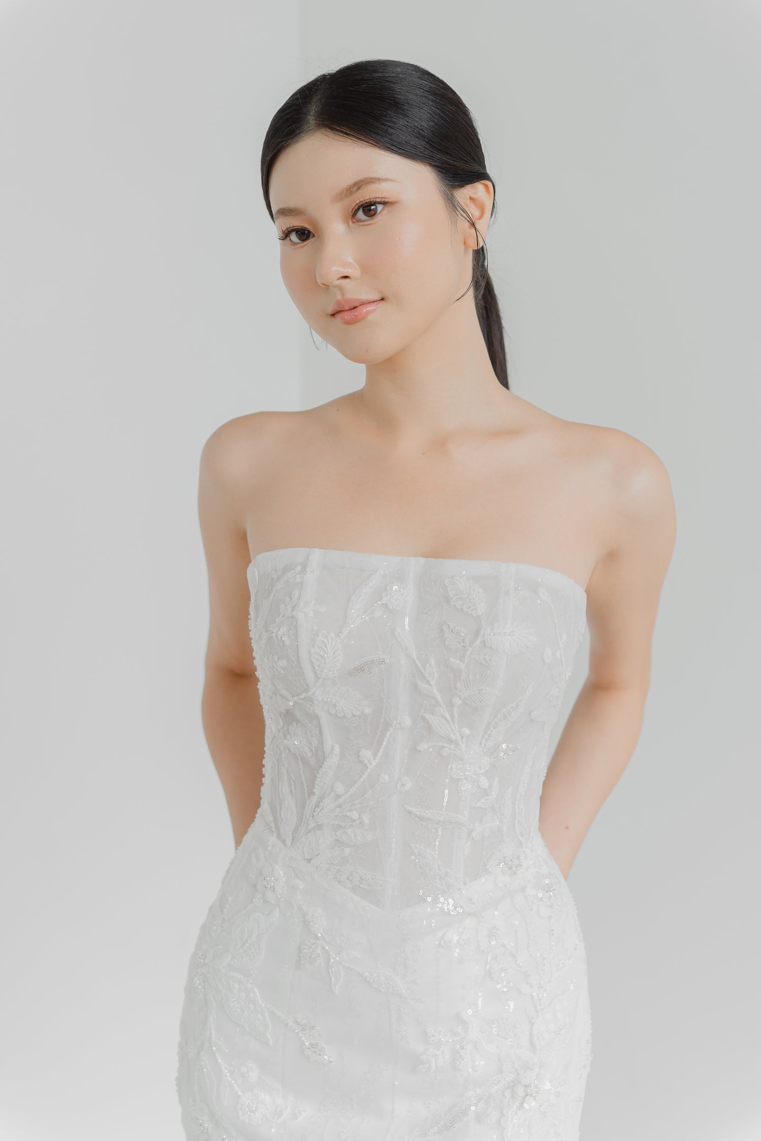 Close-up of Kylie bridal gown showcasing the structured bodice