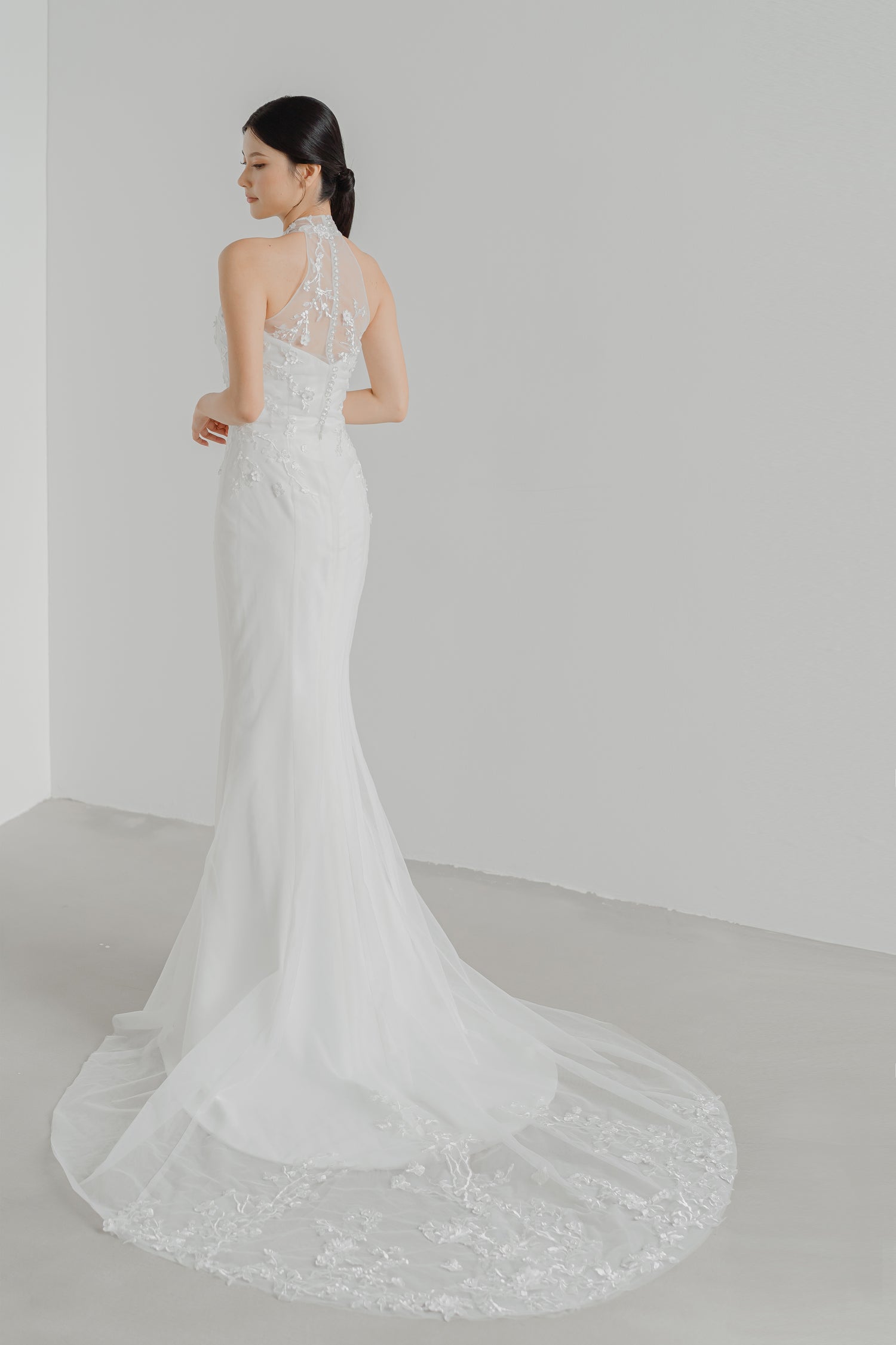 Lilith wedding cheongsam train showcasing the flowing overlay and elegant silhouette