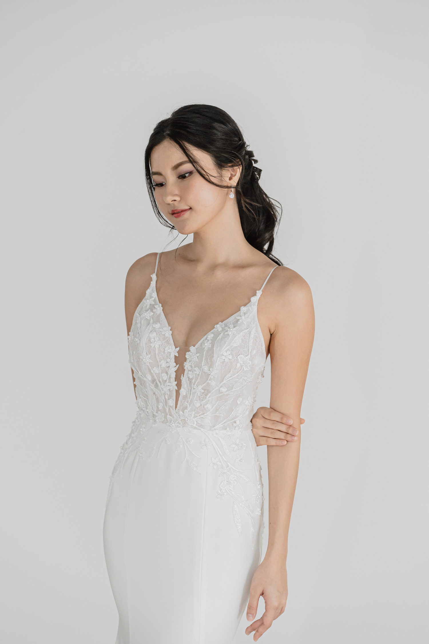 Liyana bridal gown front view with delicate spaghetti straps