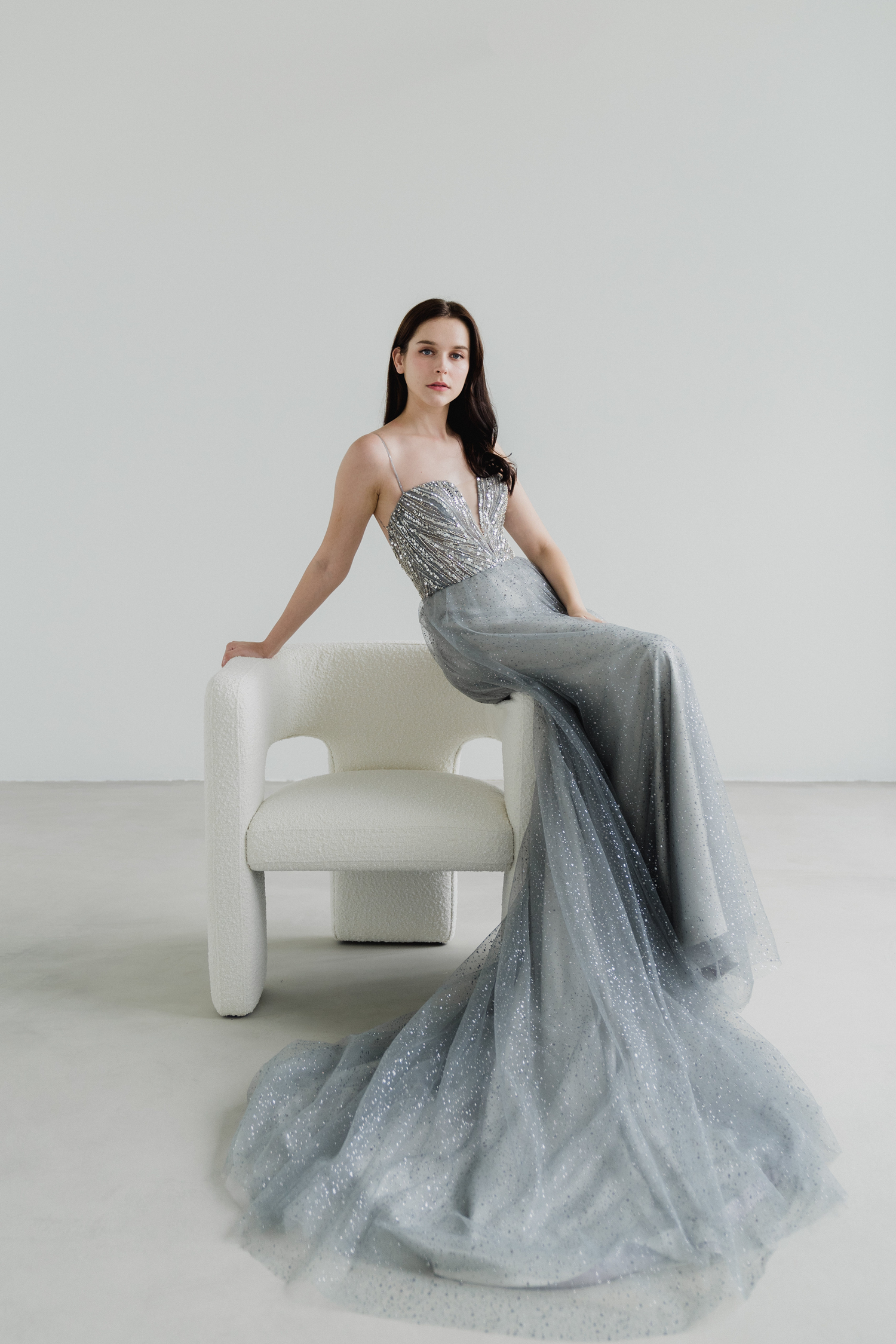 Luella bridal evening gown front view with shimmering sequinned bodice