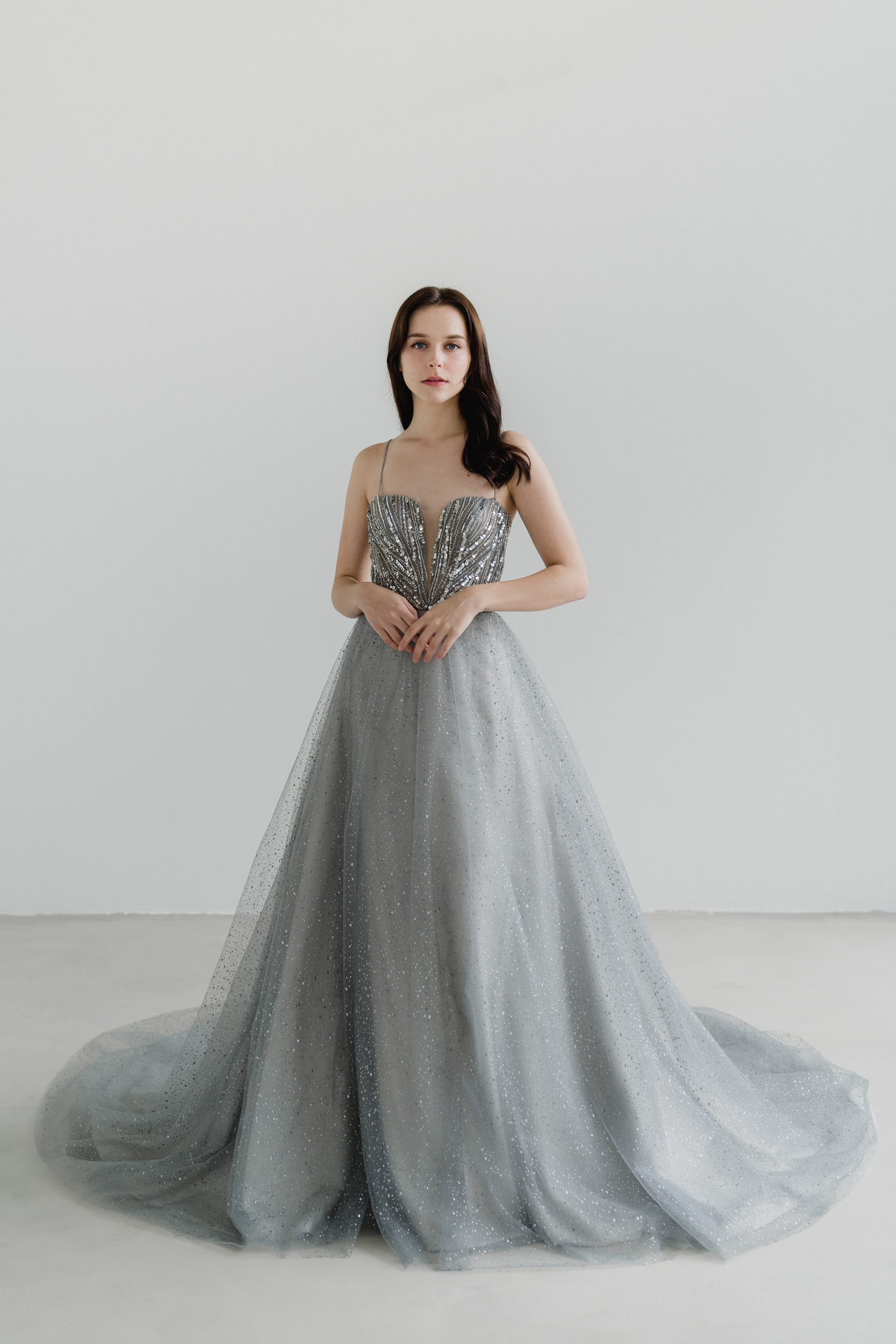 Luella evening dress featuring a silvery-grey glitter skirt