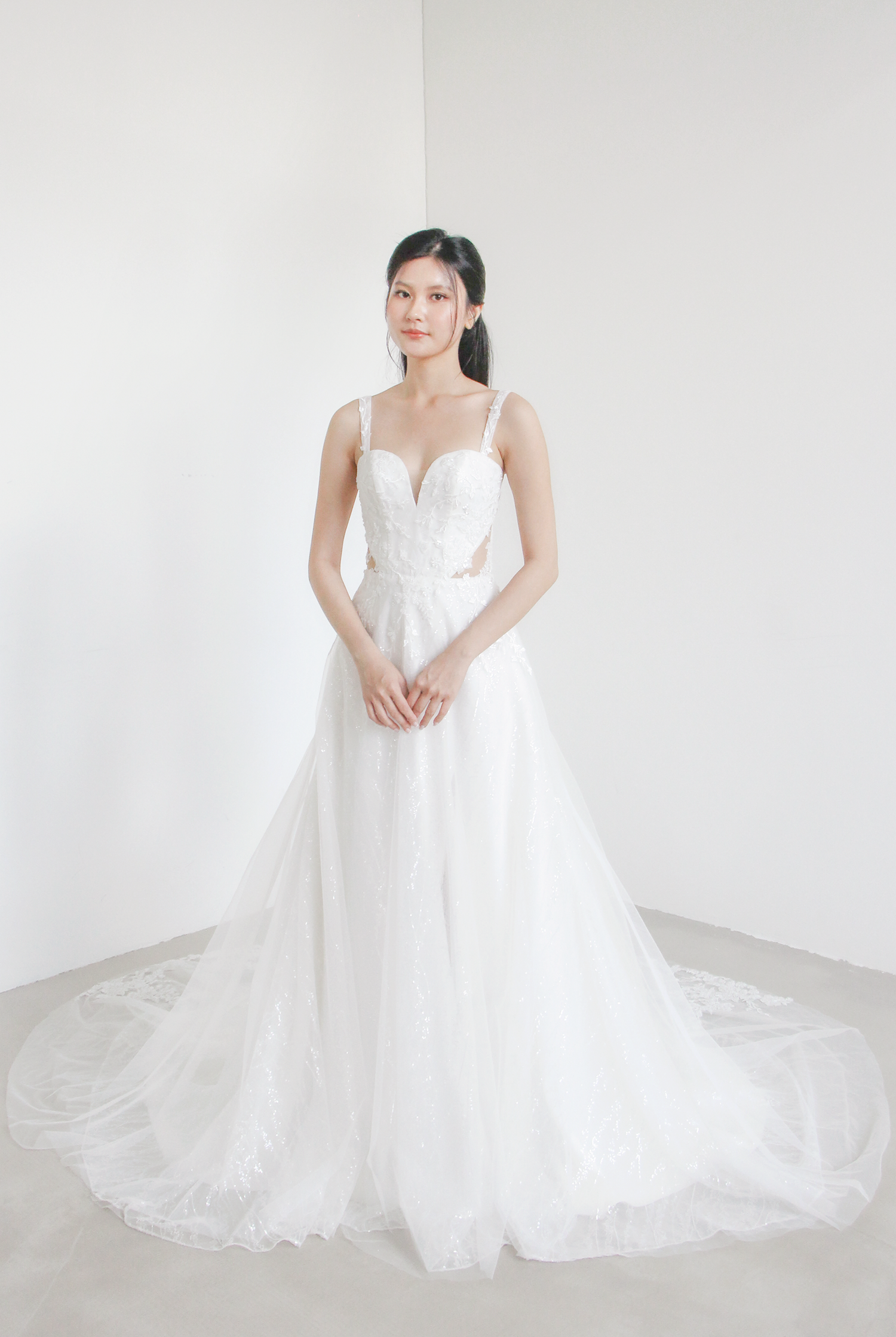 Lynette sparkly A-line wedding dress front view with detachable straps