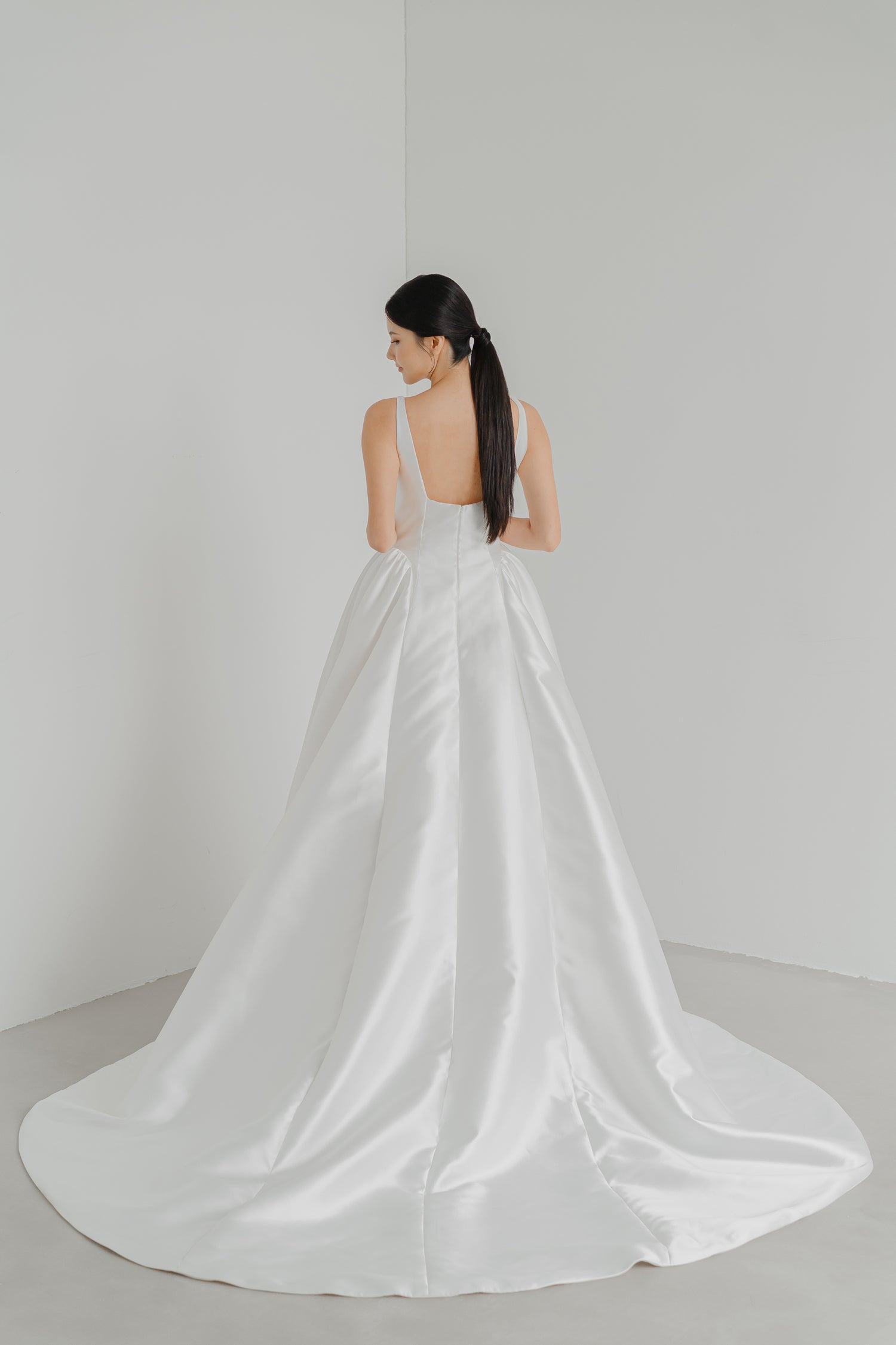 Maeve wedding gown train showcasing the elegant structured Mikado skirt and flowing train