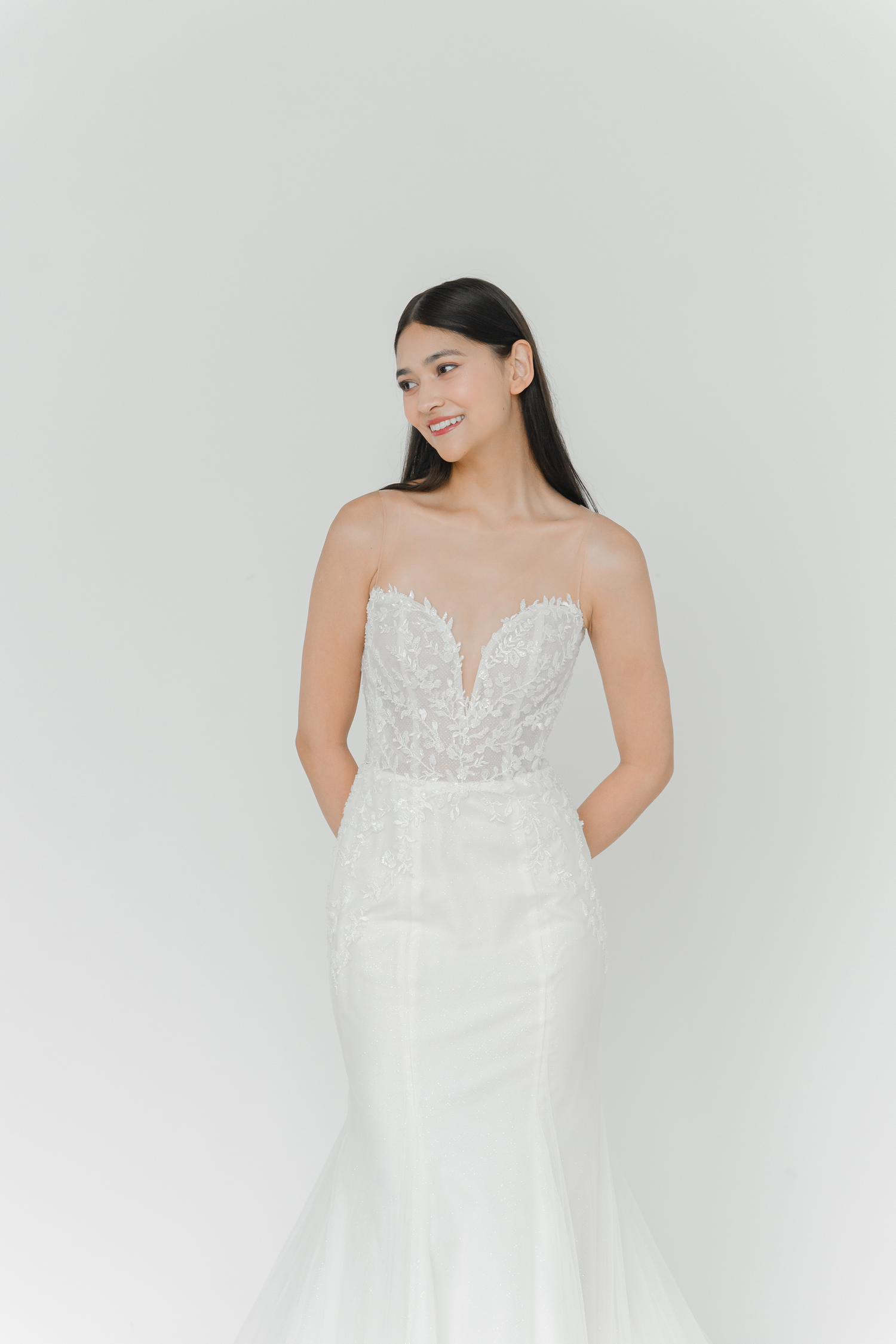 Monica wedding dress featuring an illusion neckline and subtle glitter tulle