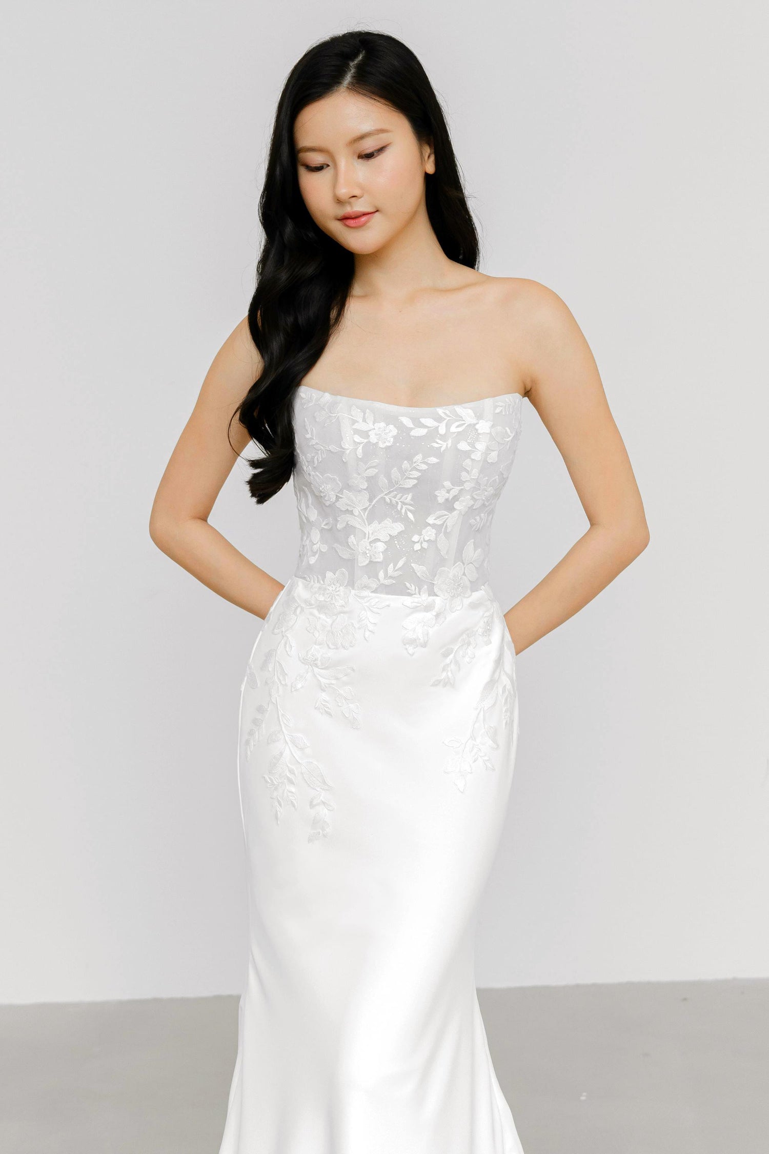 Close-up of Nerissa bridal gown showcasing the intricate lace bodice