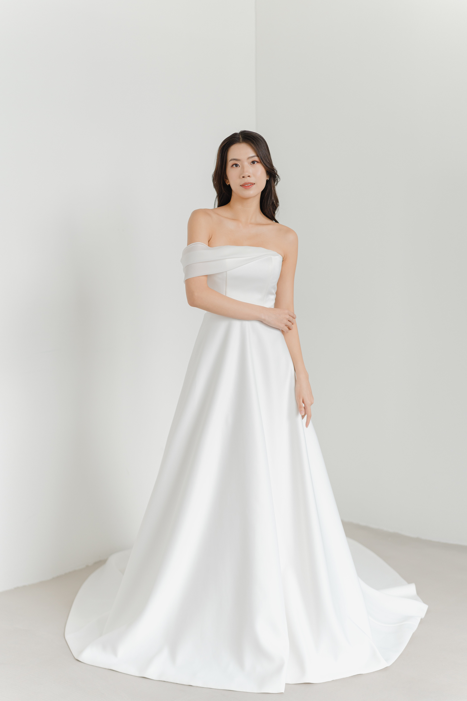 Odette wedding dress front view with a strapless organza silhouette
