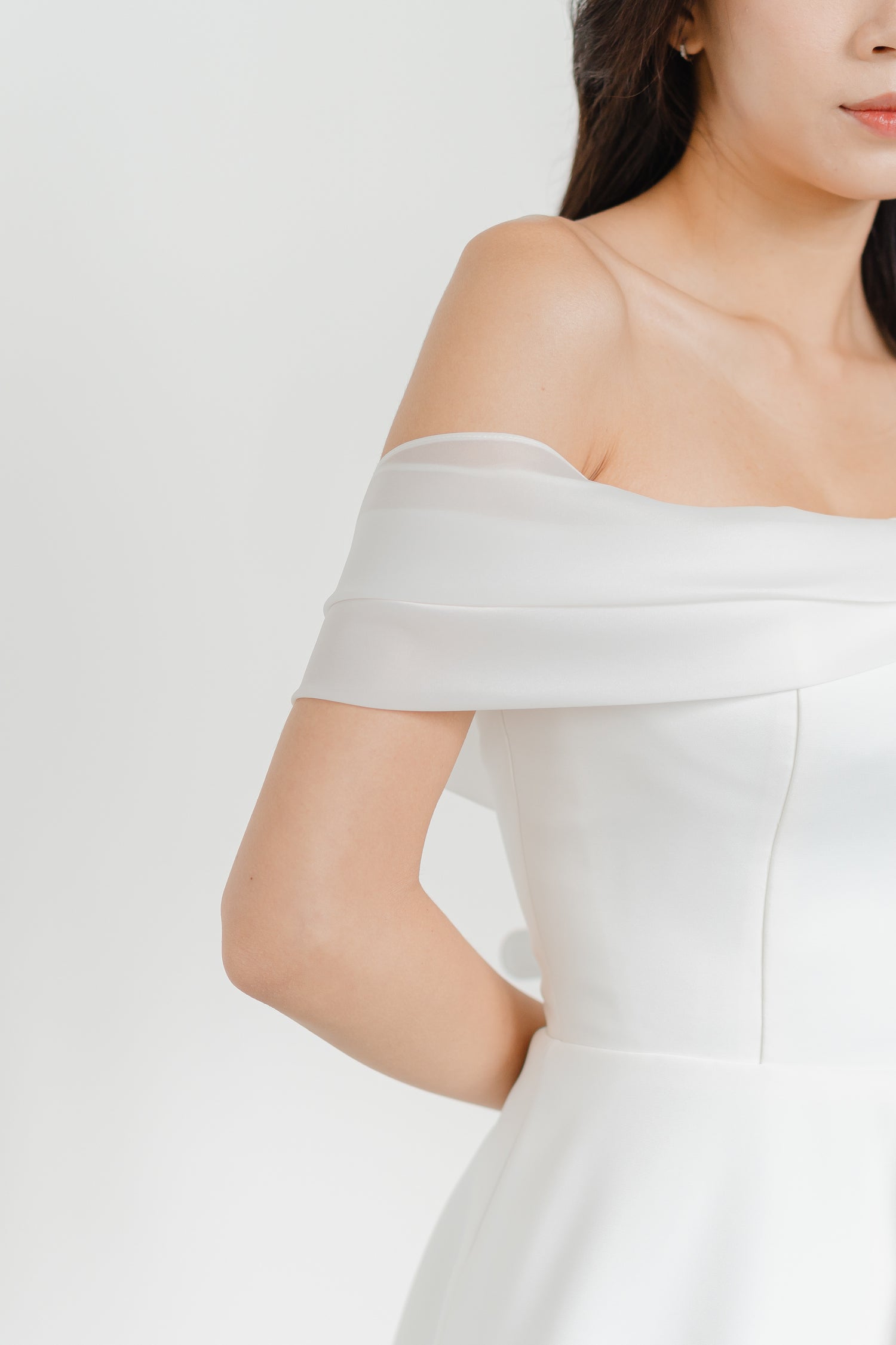 Odette wedding gown styled with the asymmetric one-sided shoulder wrap