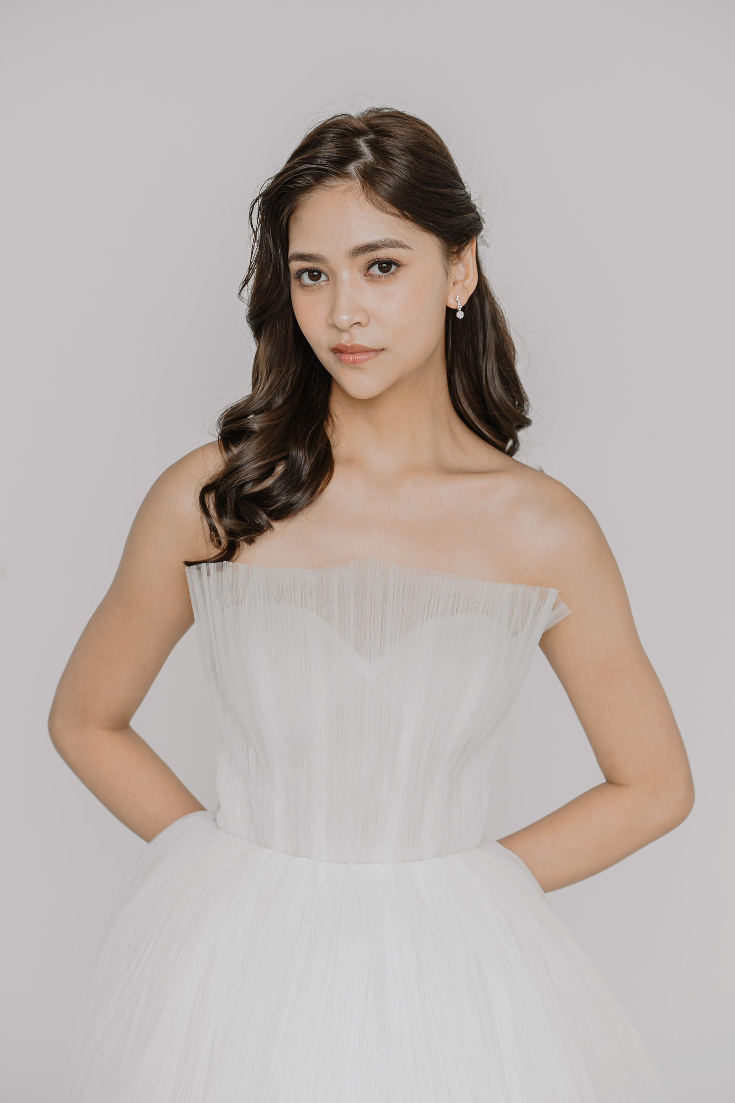 Close-up of Oriya bridal gown showcasing finely pleated tulle