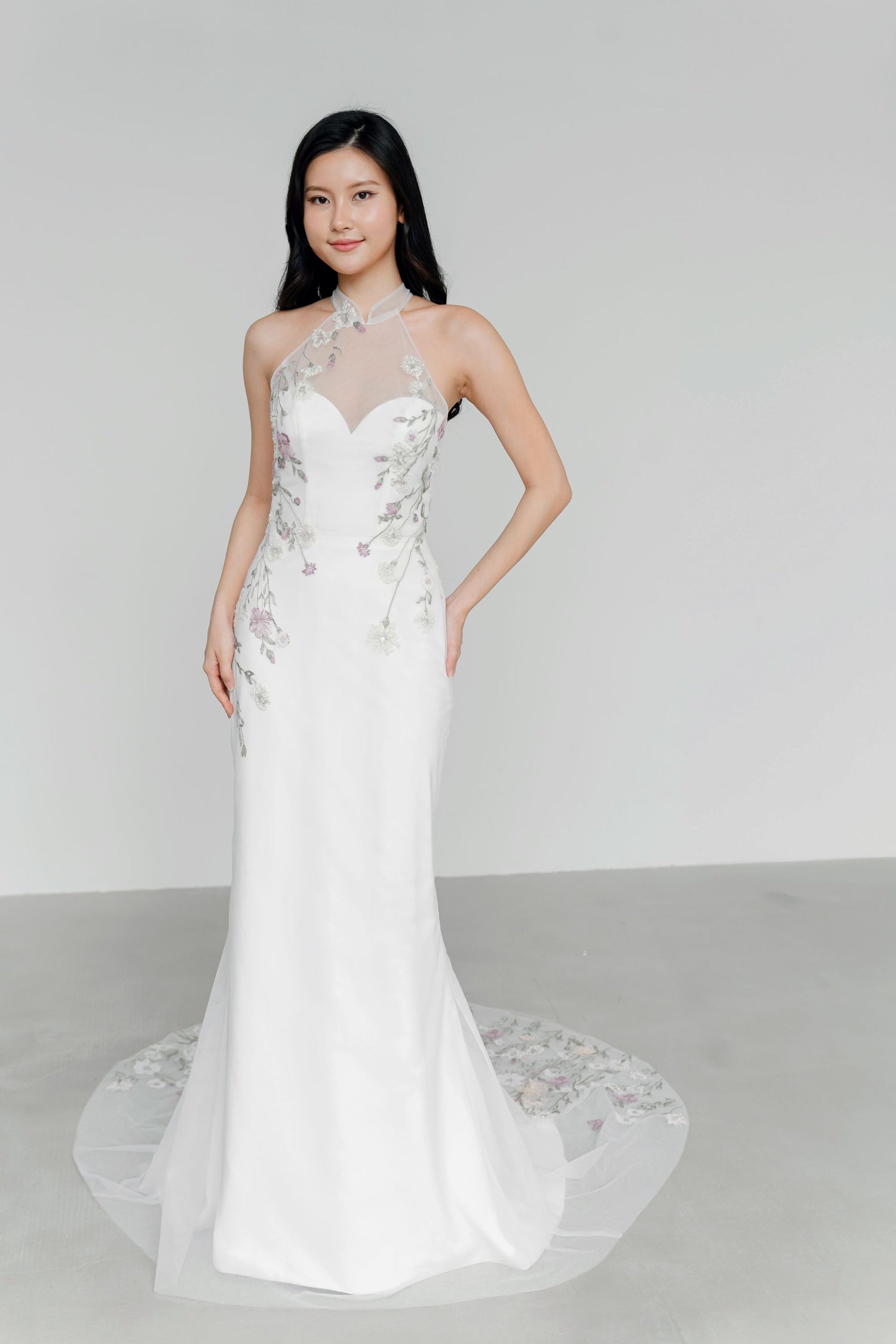 Penny bridal cheongsam featuring delicate pastel lace detailing