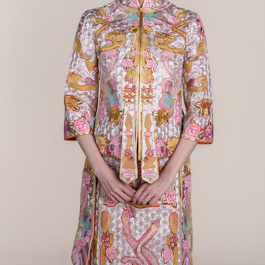 Pink embroidered wedding kua for rent by WeddingCrafters in Singapore, featuring intricate traditional Chinese embroidery for tea ceremonies and wedding celebrations.