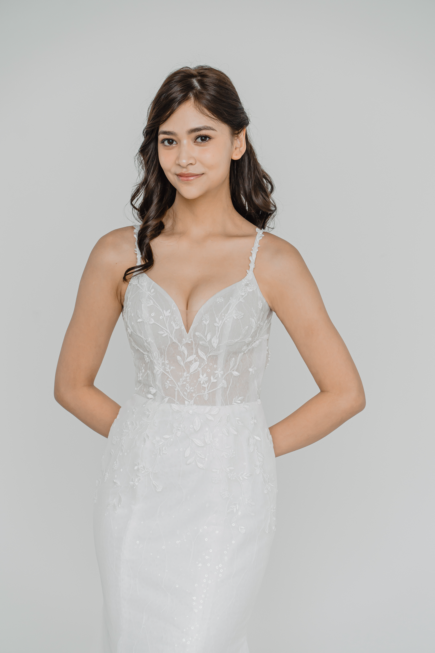 Sammi wedding gown front view with delicate spaghetti straps