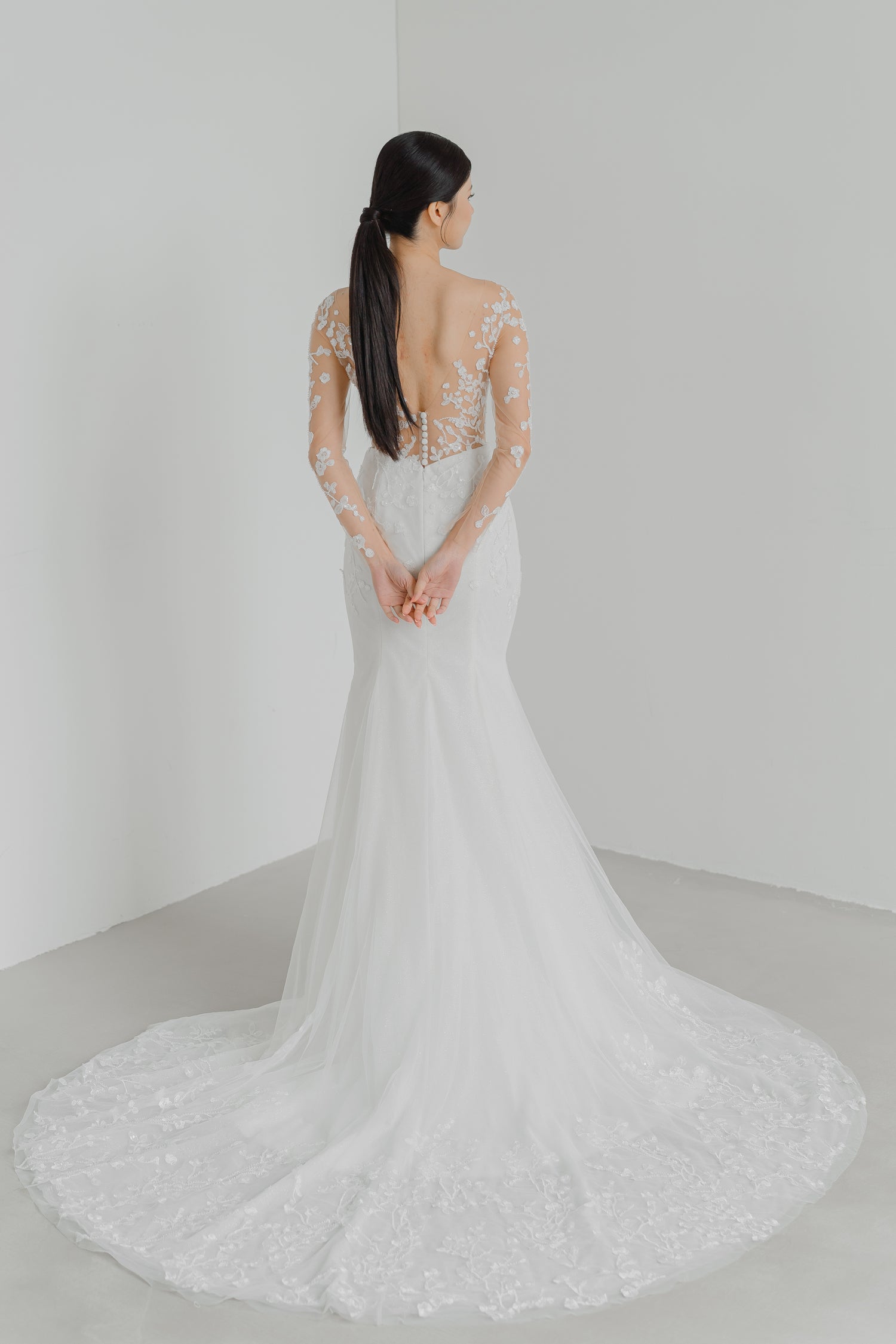 Sandra wedding gown train showcasing the glitter tulle and elegant lace detailing
