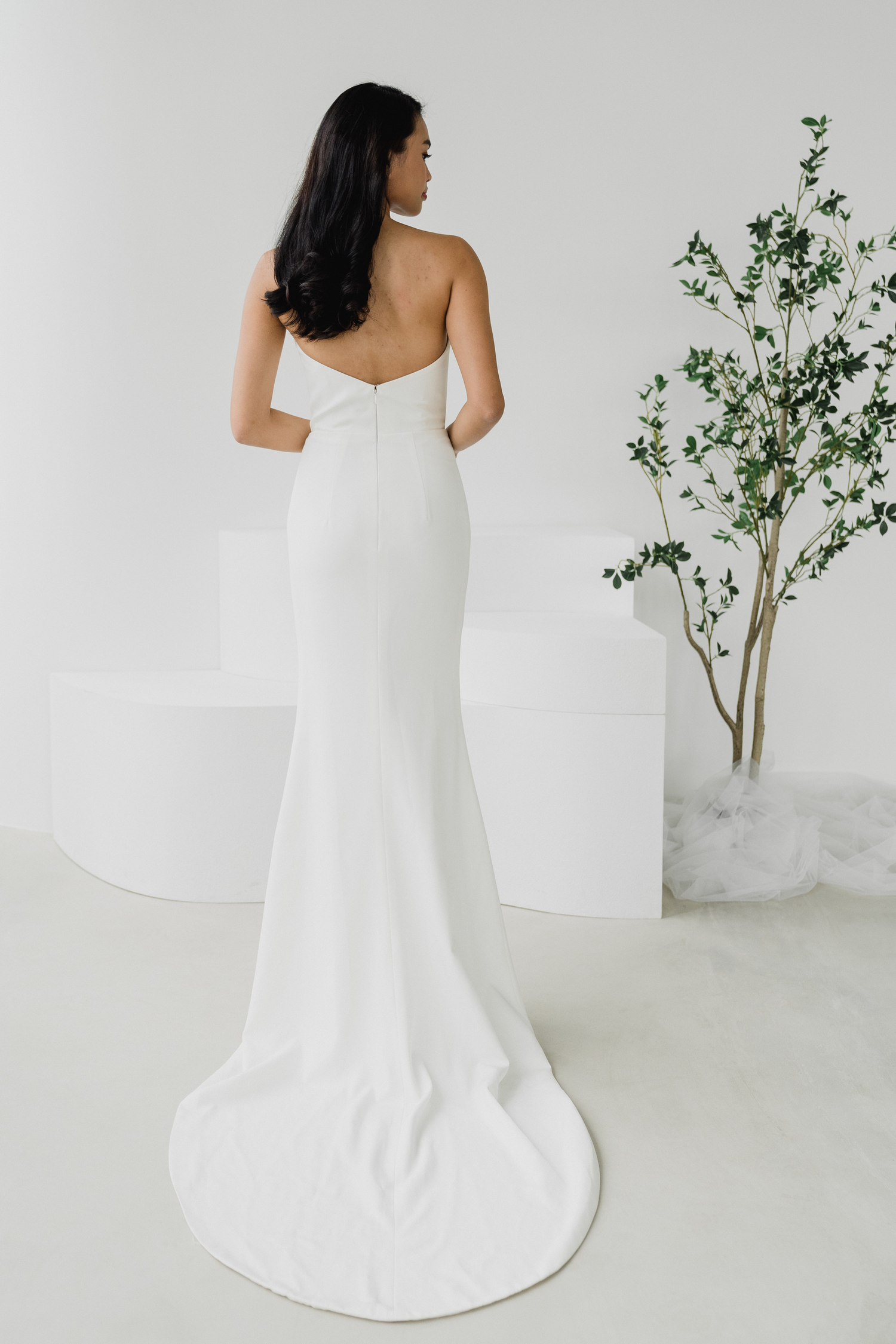 Sarah minimalist wedding dress worn without the cheongsam overlay