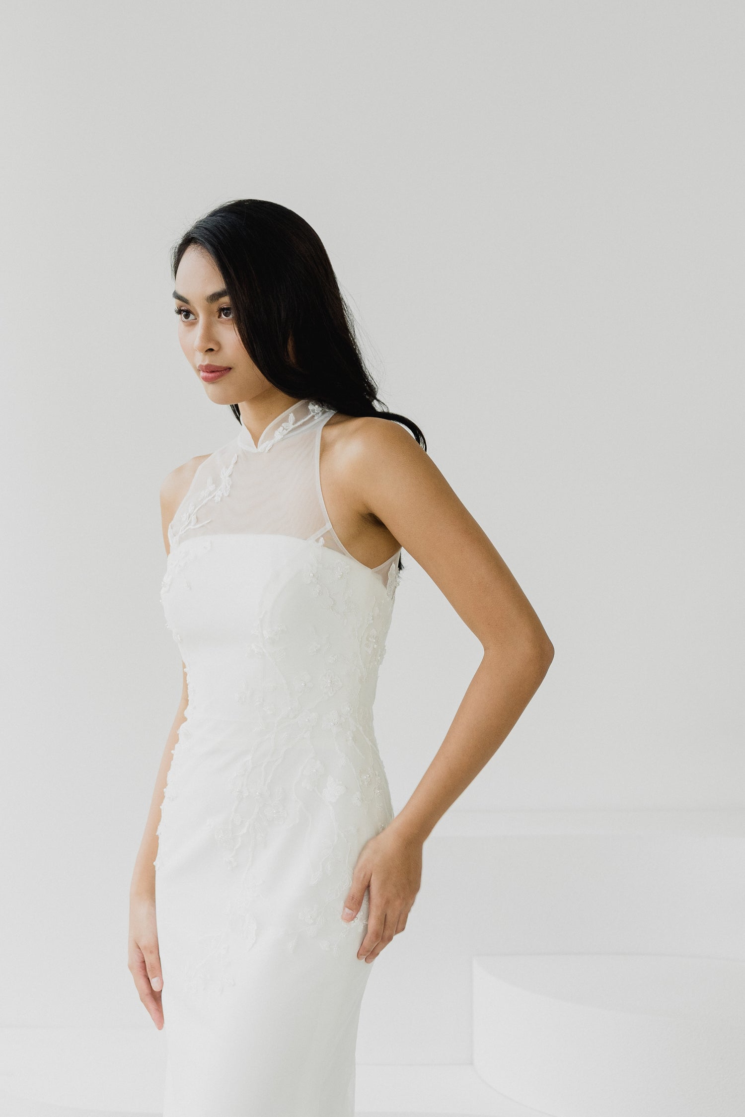 Sarah wedding cheongsam front view with lace and tulle overlay