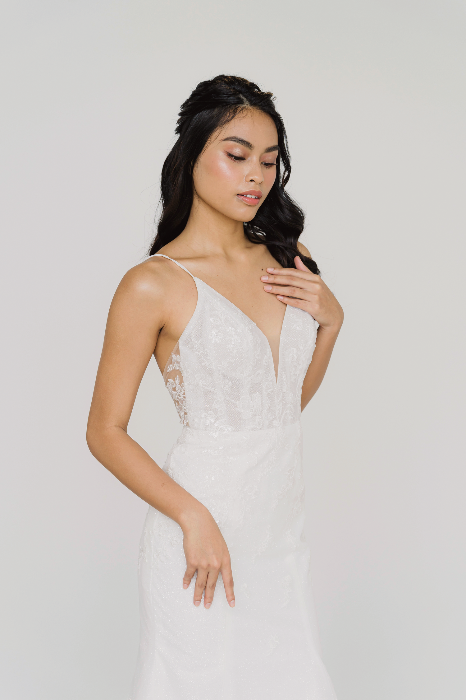 Selina bridal gown featuring a glitter tulle silhouette and elegant neckline