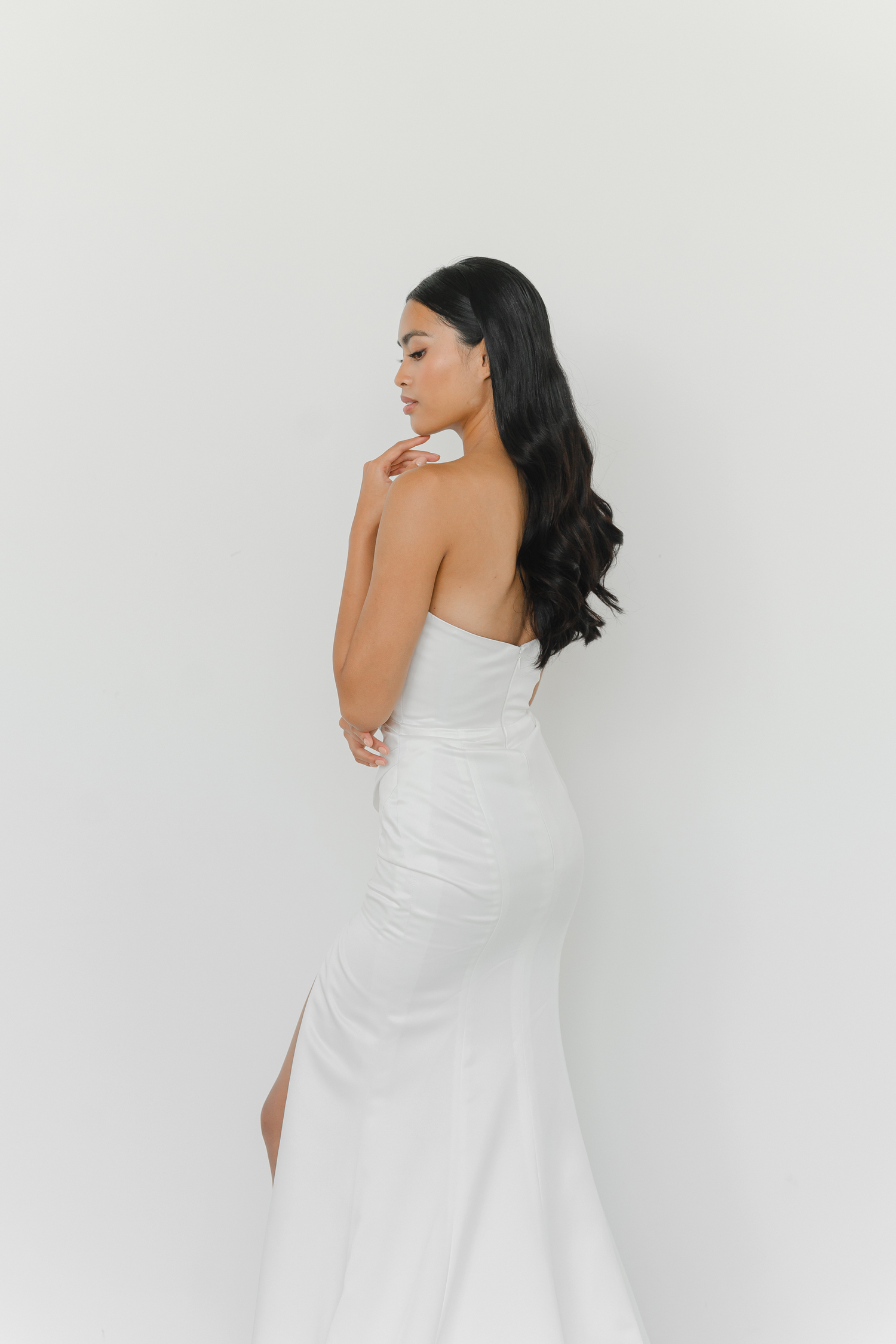 Shanna bridal evening gown side view with a flattering fitted silhouette