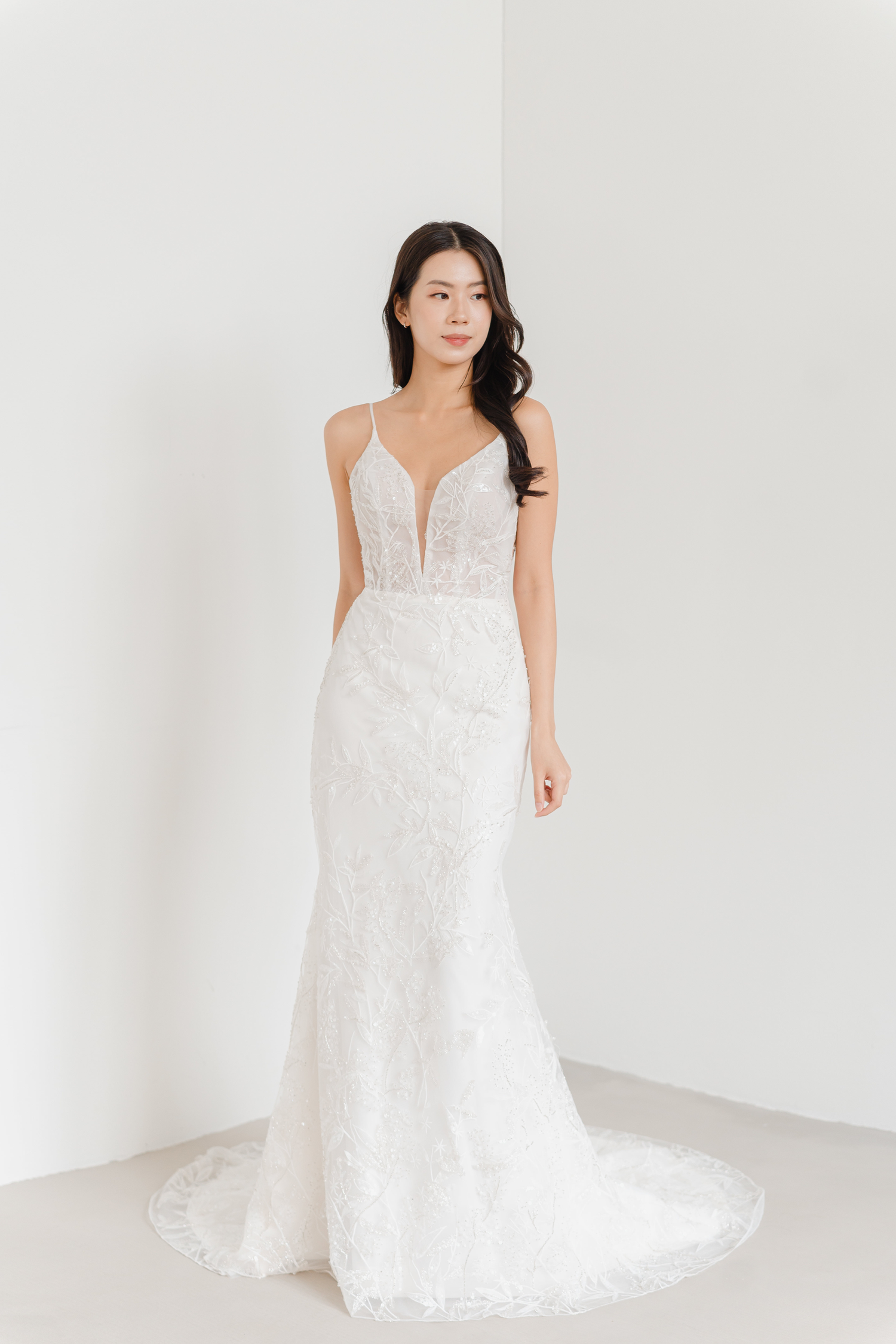 Shannon bridal gown front view with a V-neckline and soft mermaid silhouette