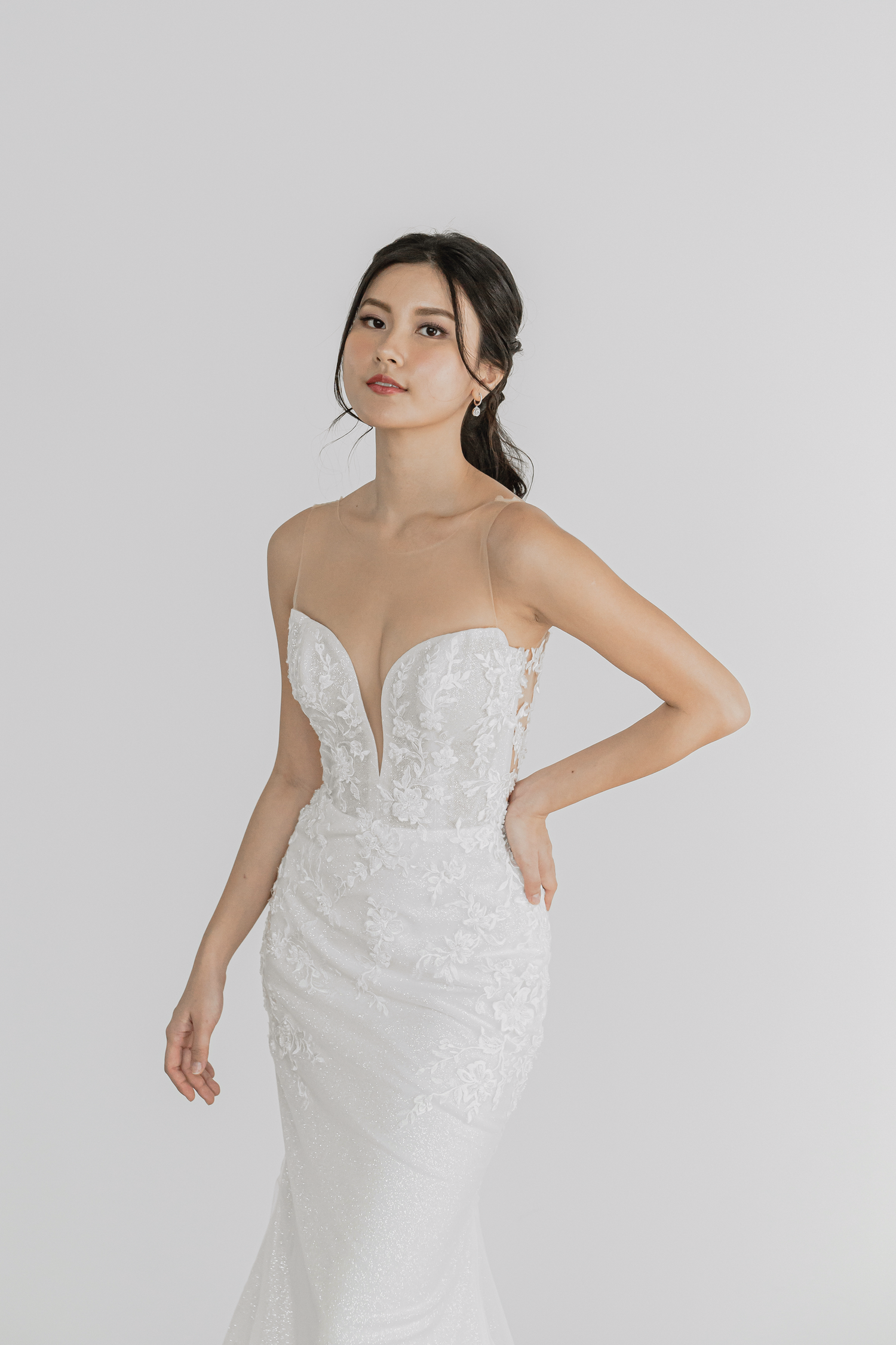 Sheila wedding gown front view with an illusion neckline