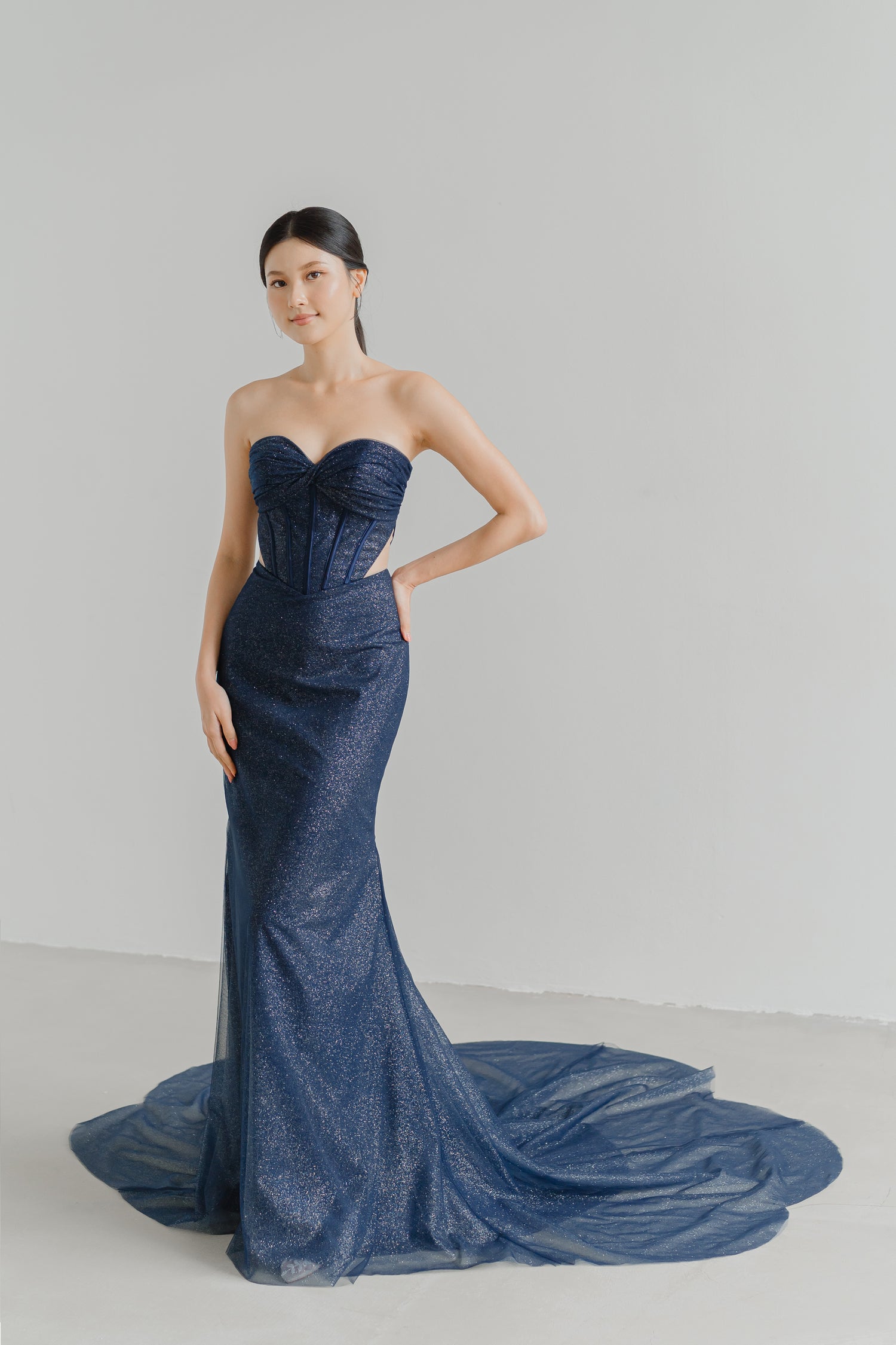 Solenne bridal evening gown front view with a sweetheart neckline and fitted silhouette