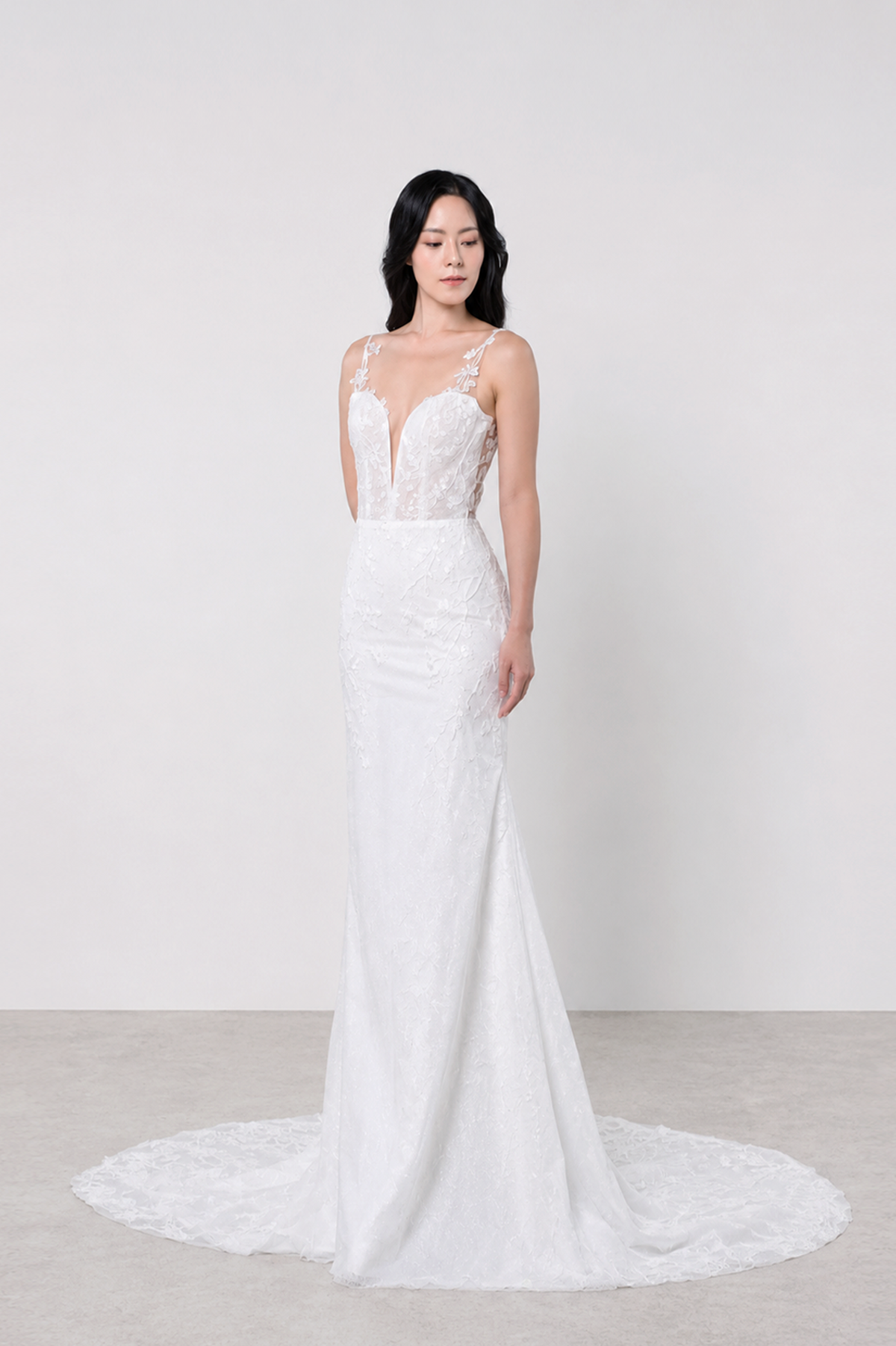 Stacey wedding dress front view with an illusion neckline and delicate lace straps