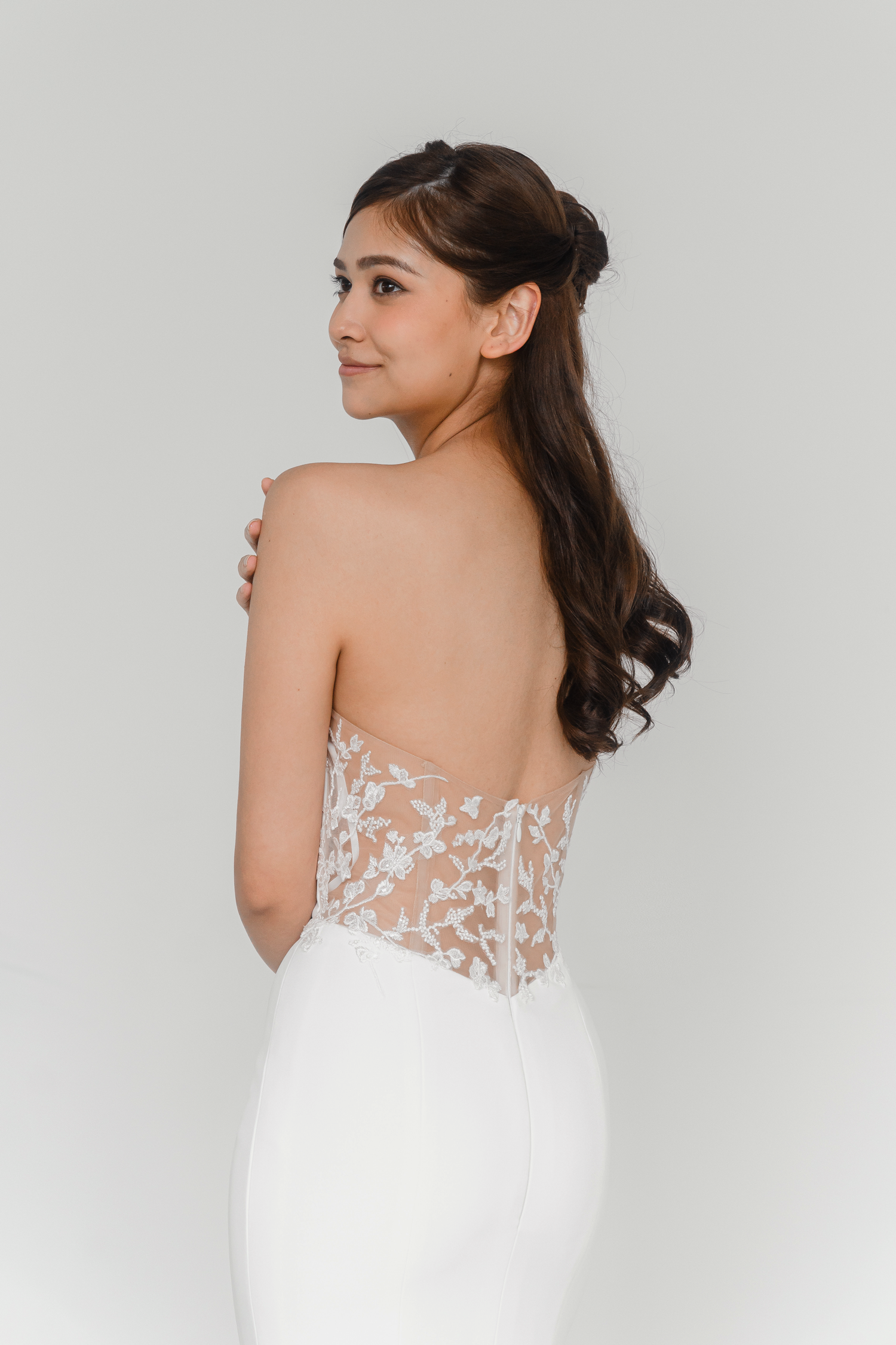 Close-up of Tammi wedding dress showcasing the lace back panel