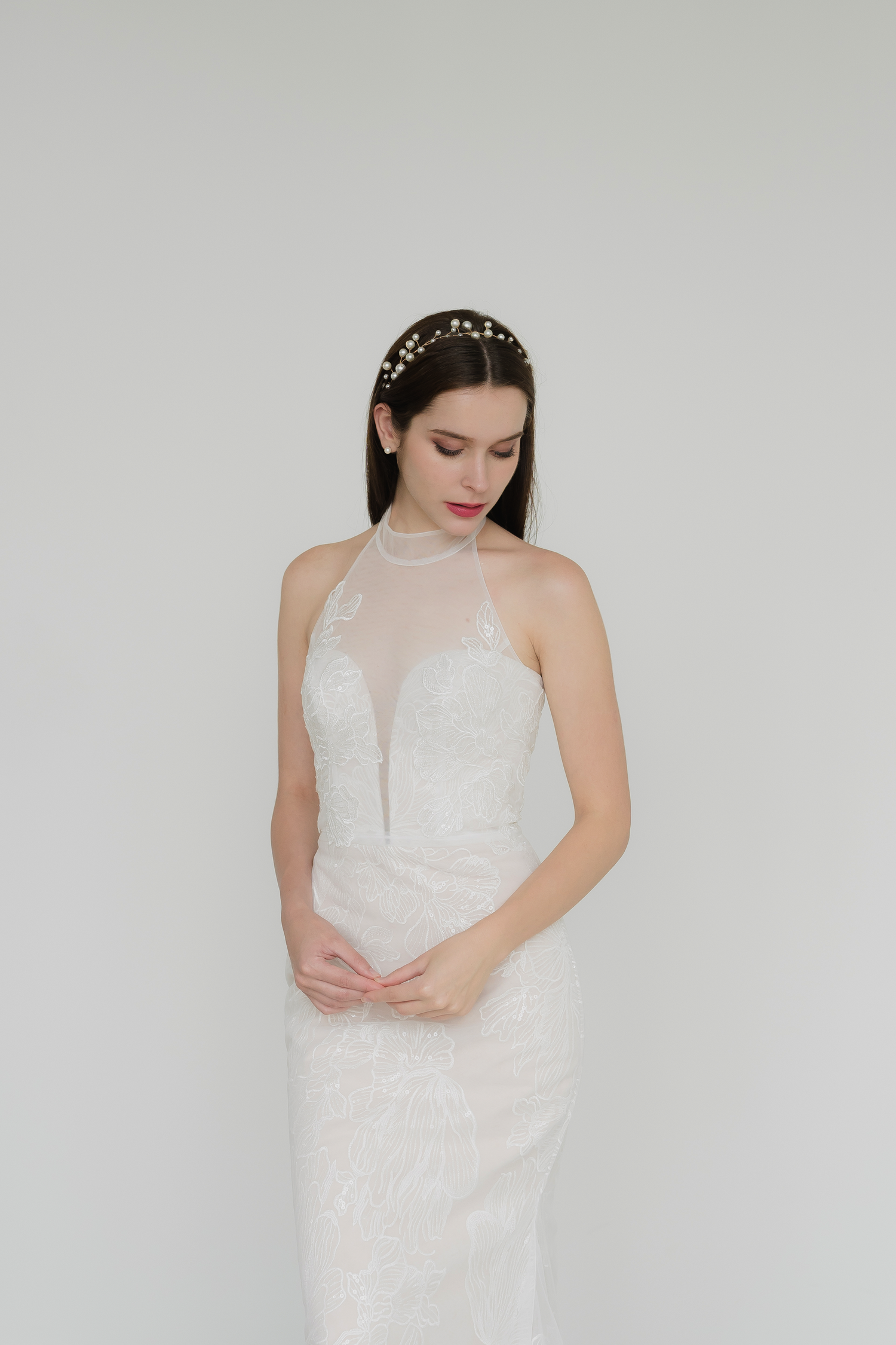 Taylor wedding dress front view with a detachable halter-neck lace overlay