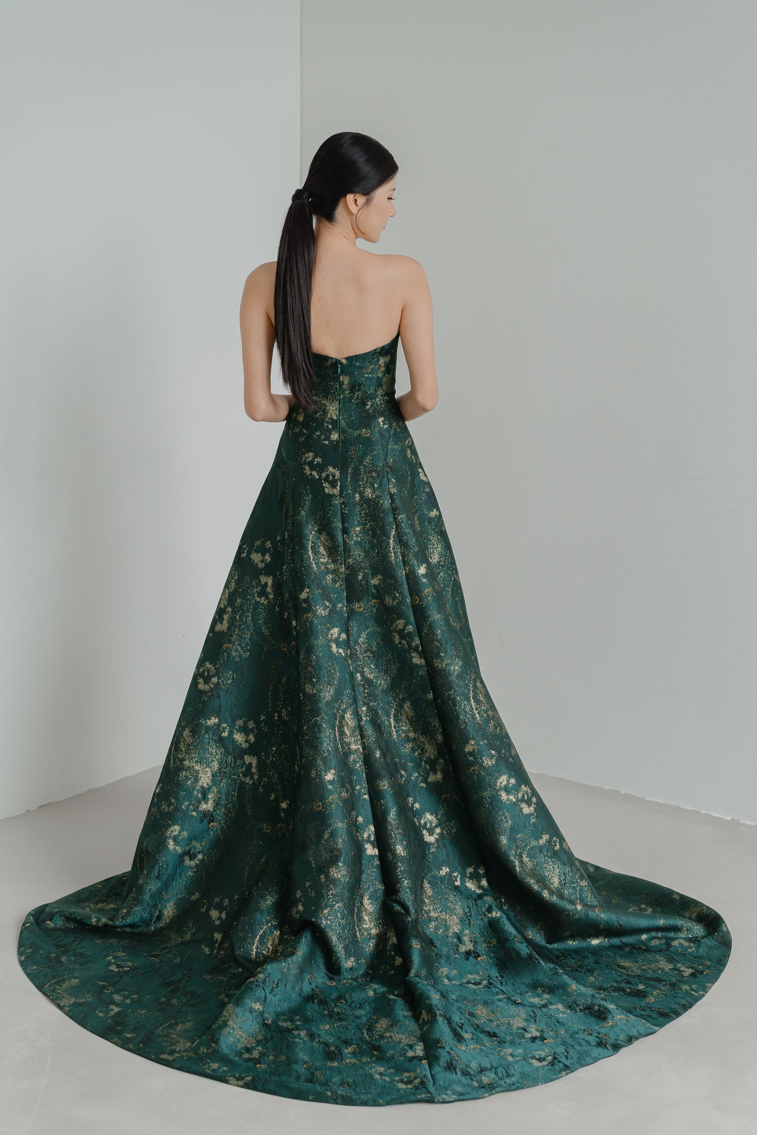 Thalia bridal evening gown train showcasing the luxurious jacquard fabric and flowing train