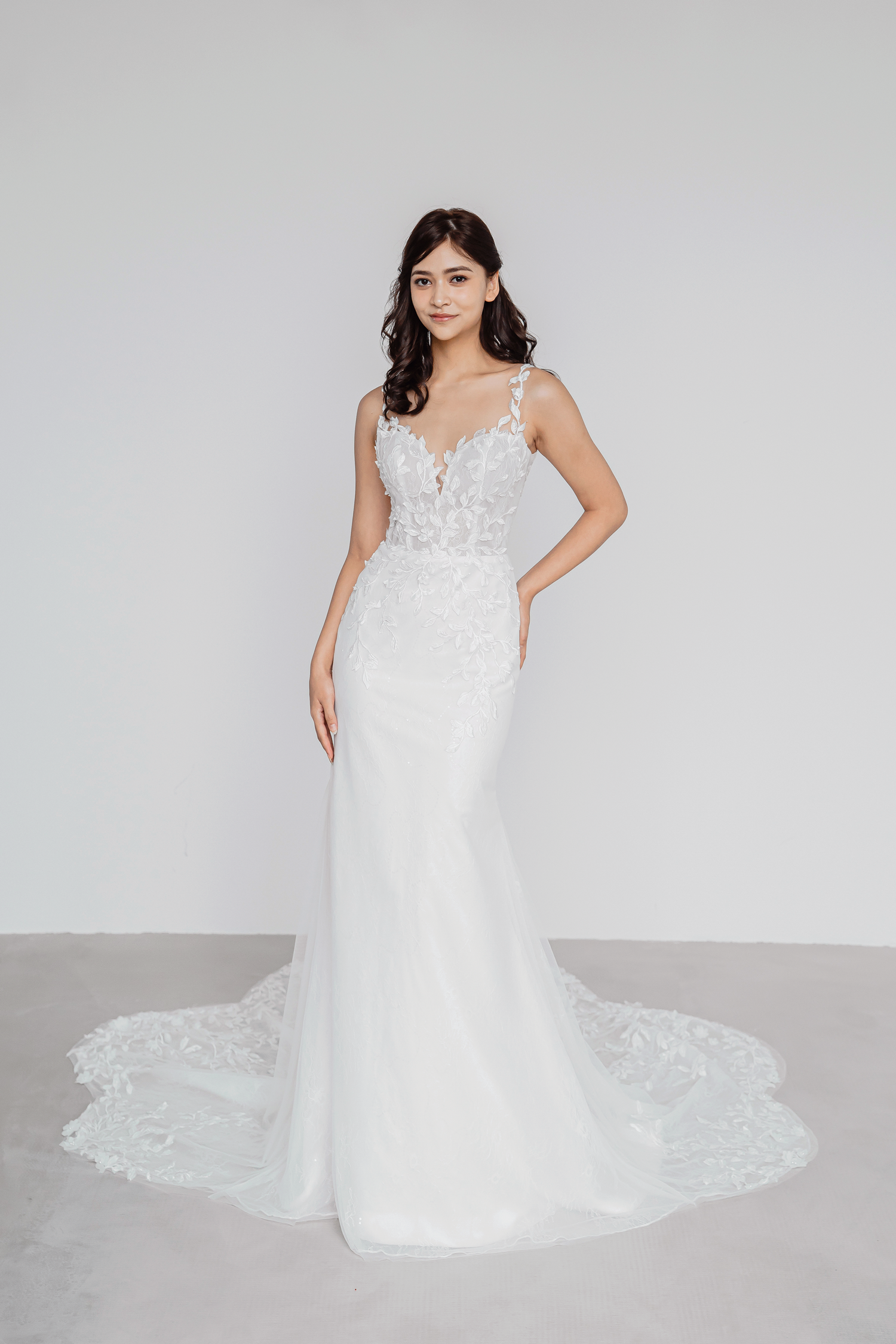 Tricia wedding dress front view with an illusion neckline