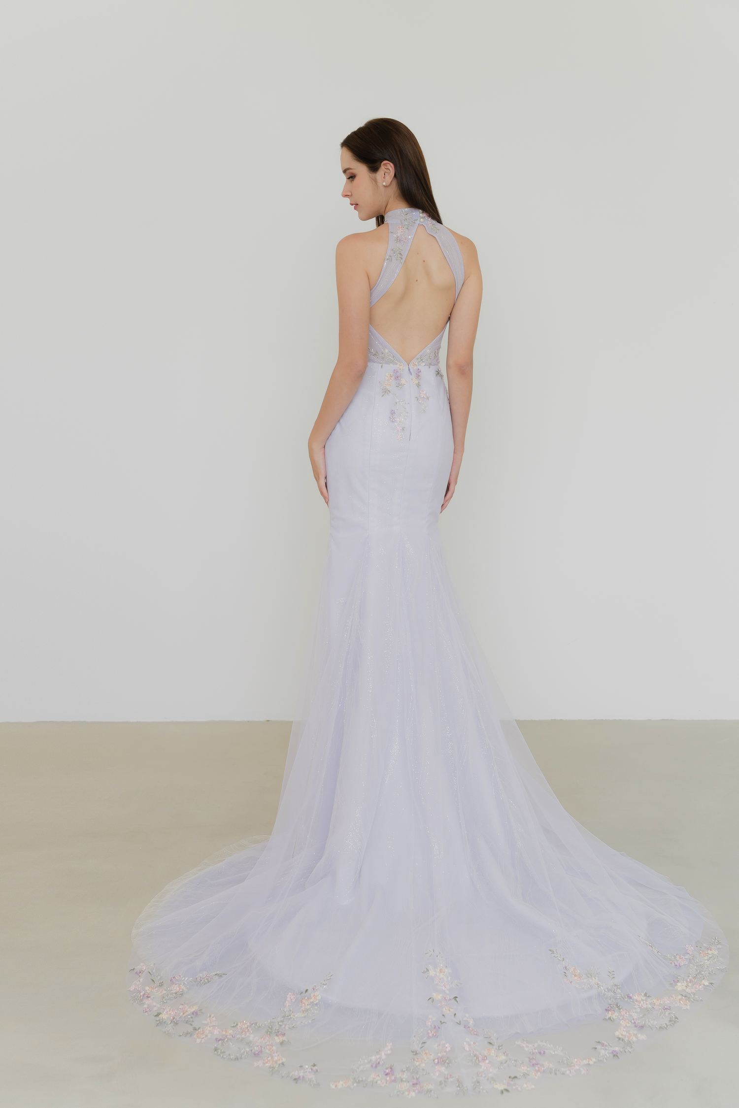 Trista bridal cheongsam back view with an elegant flowing silhouette