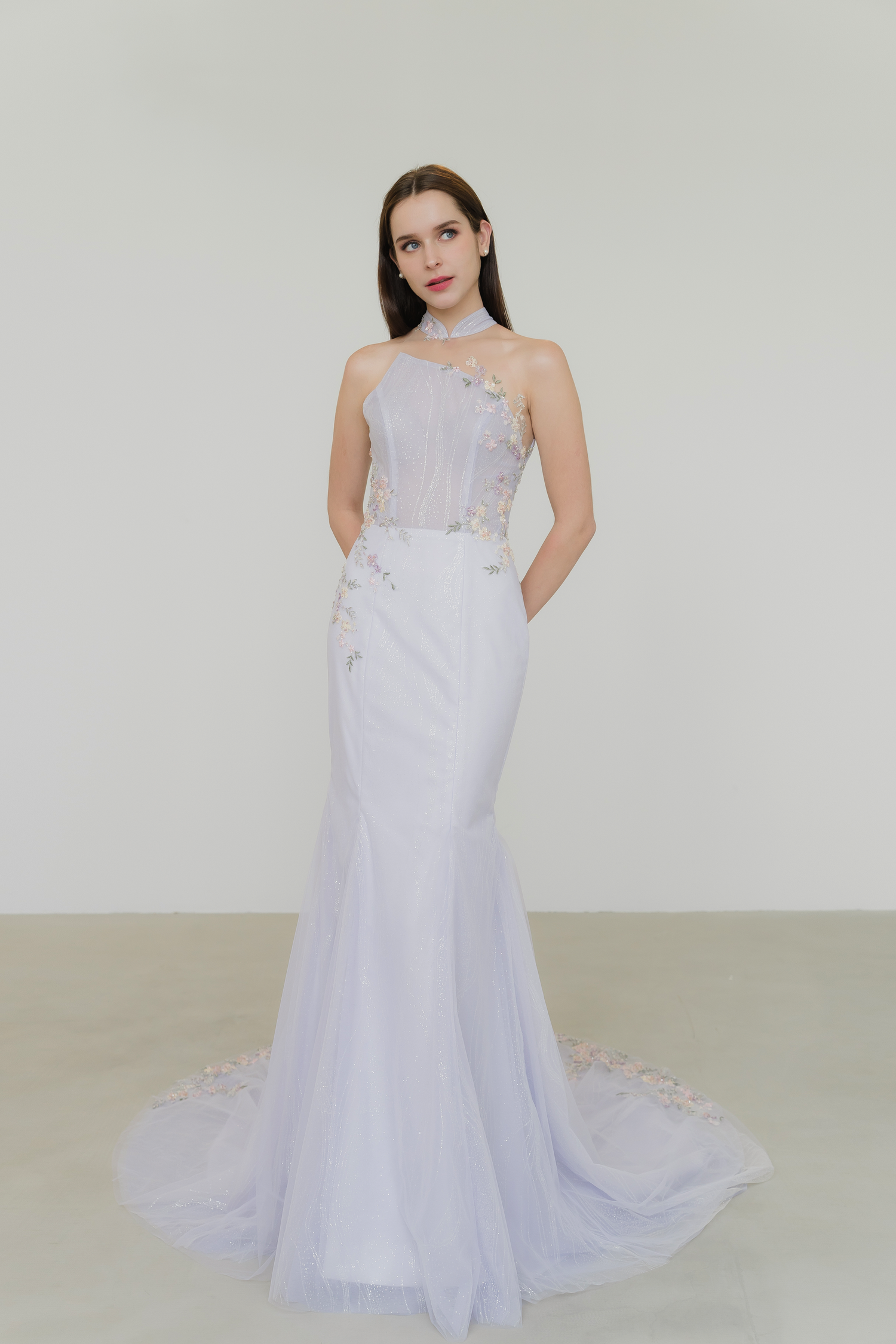 Trista wedding cheongsam side view with a flattering fitted silhouette
