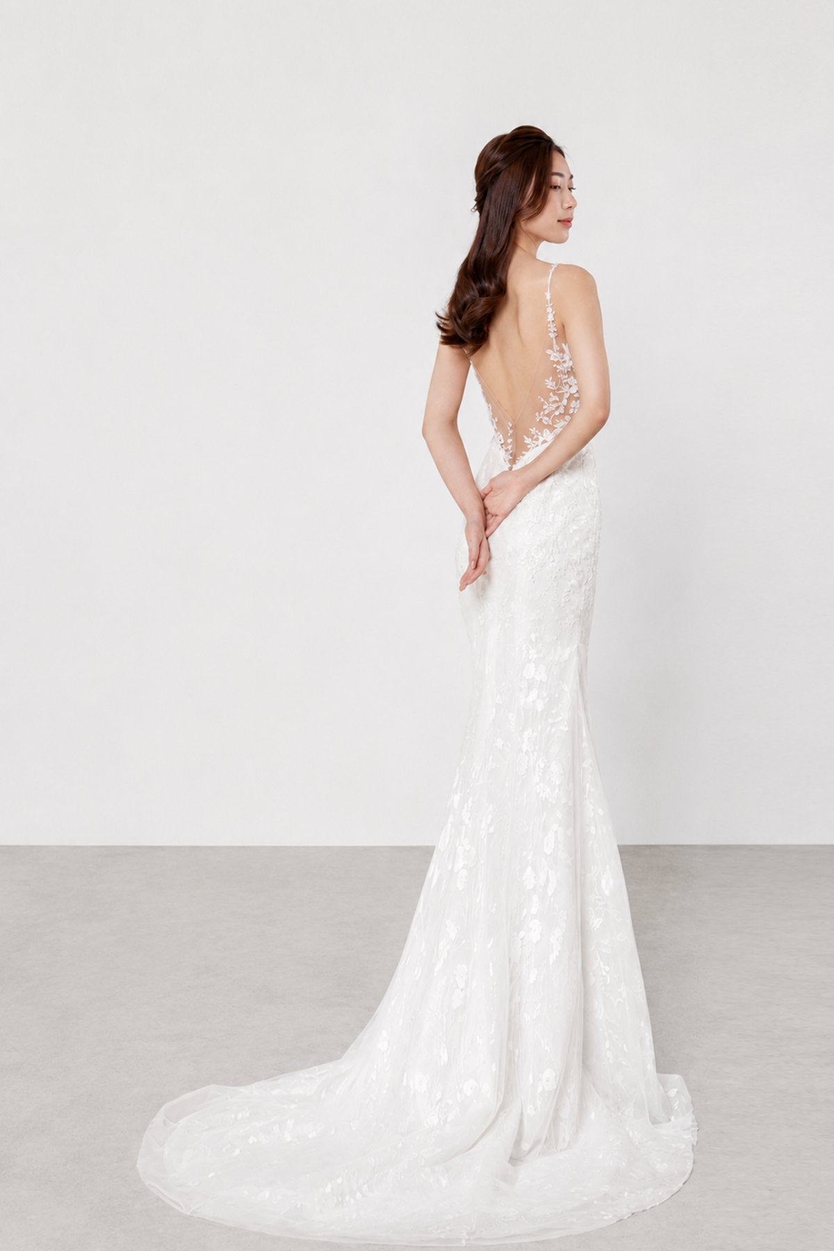 Veronica bridal gown back view with delicate floral lace detailing