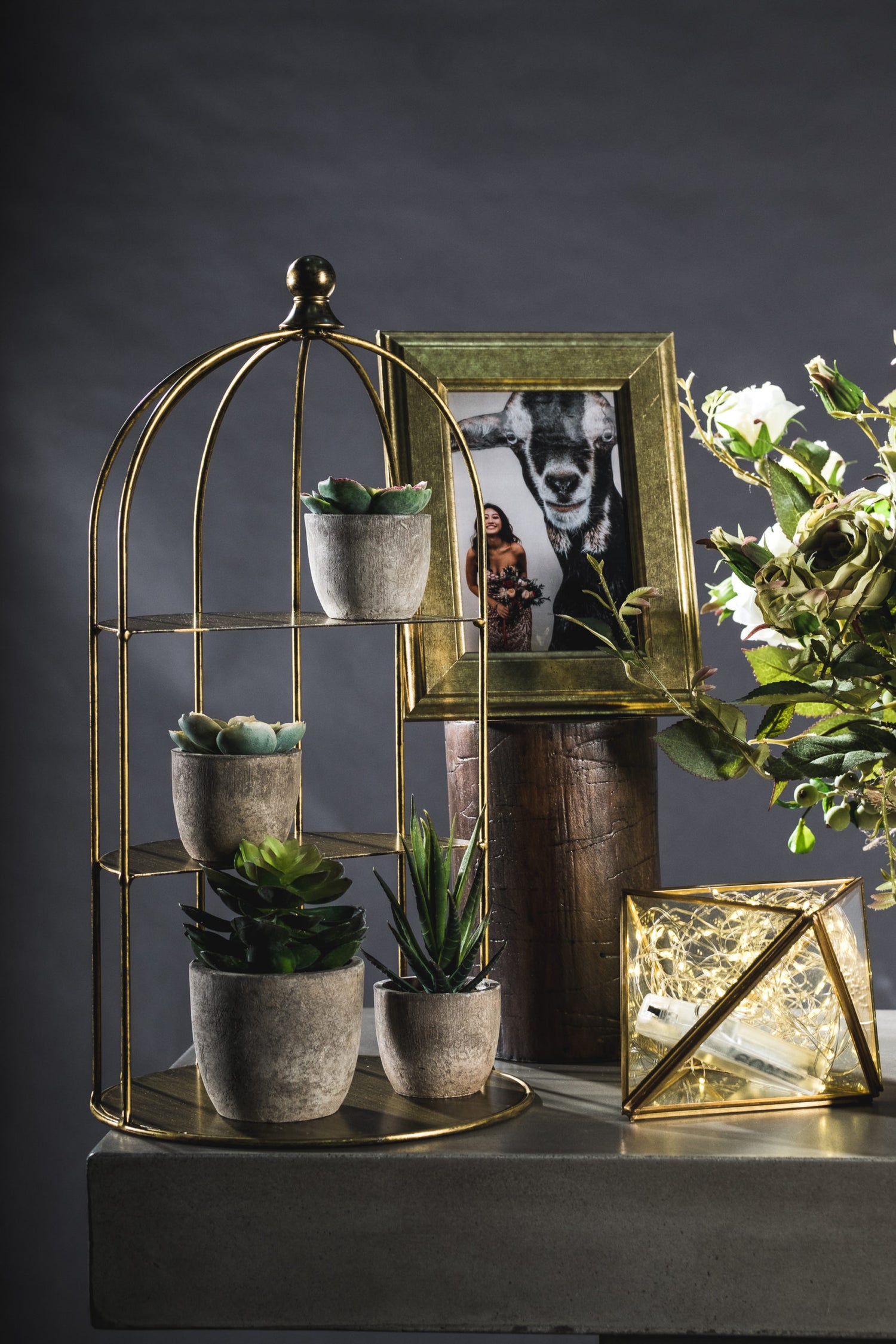Close-up of Wedding Prop Set B highlighting the gold display stands