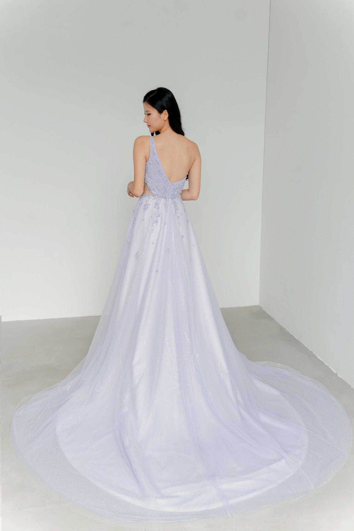 Wisteria evening dress back view with a graceful flowing silhouette