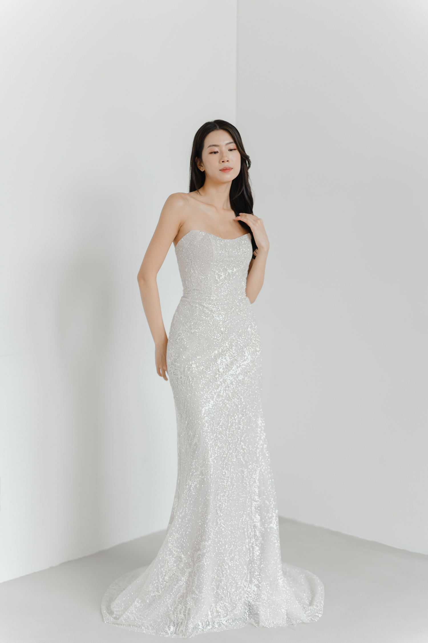 Zuri wedding dress featuring champagne glitter tulle and a soft nude underlay